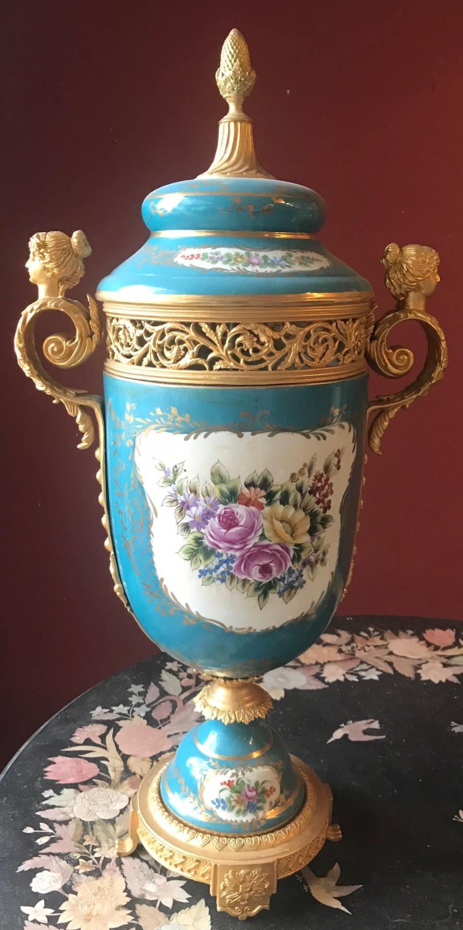 Pair of Sevres Style and Bronze Covered Urns, French In Good Condition In Cypress, CA