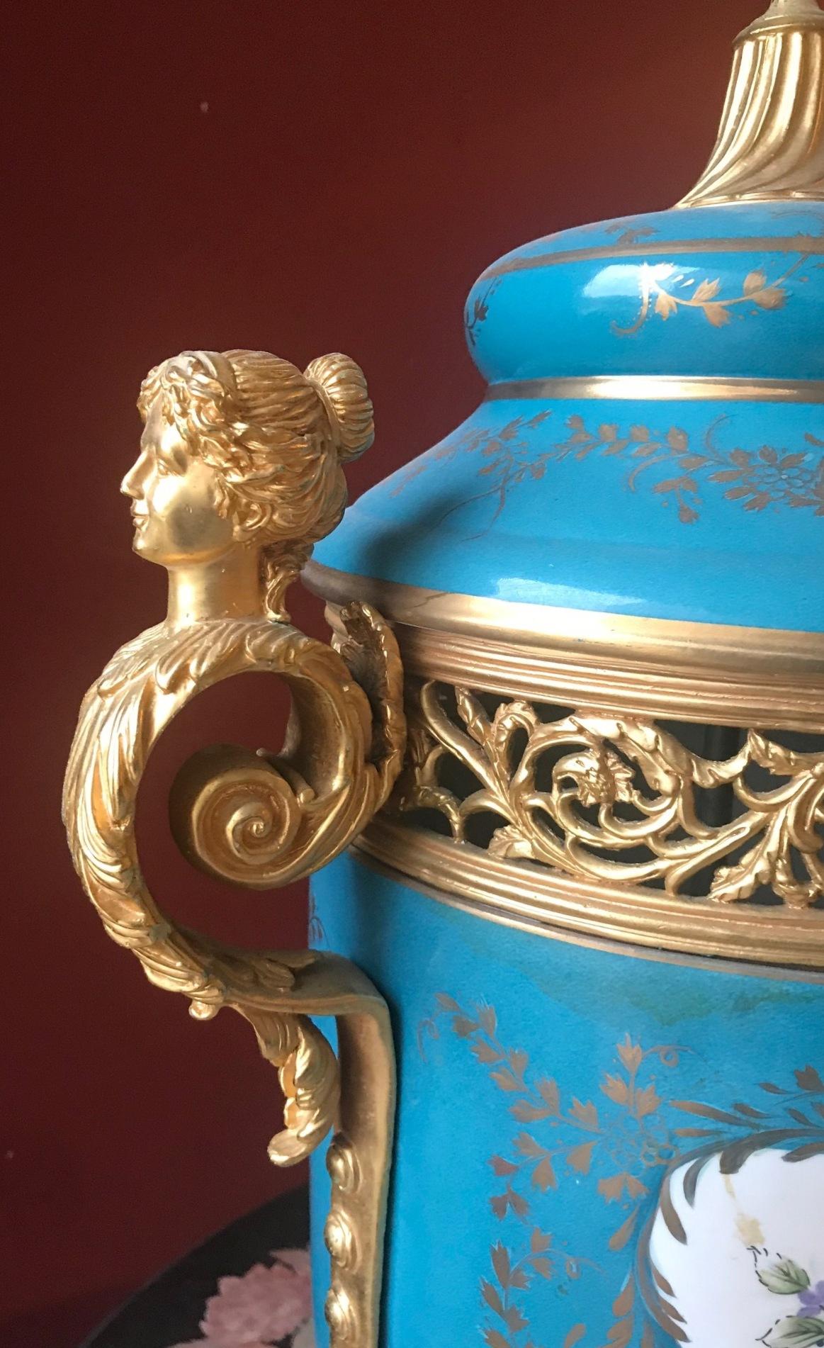 Ormolu Pair of Sevres Style and Bronze Covered Urns, French