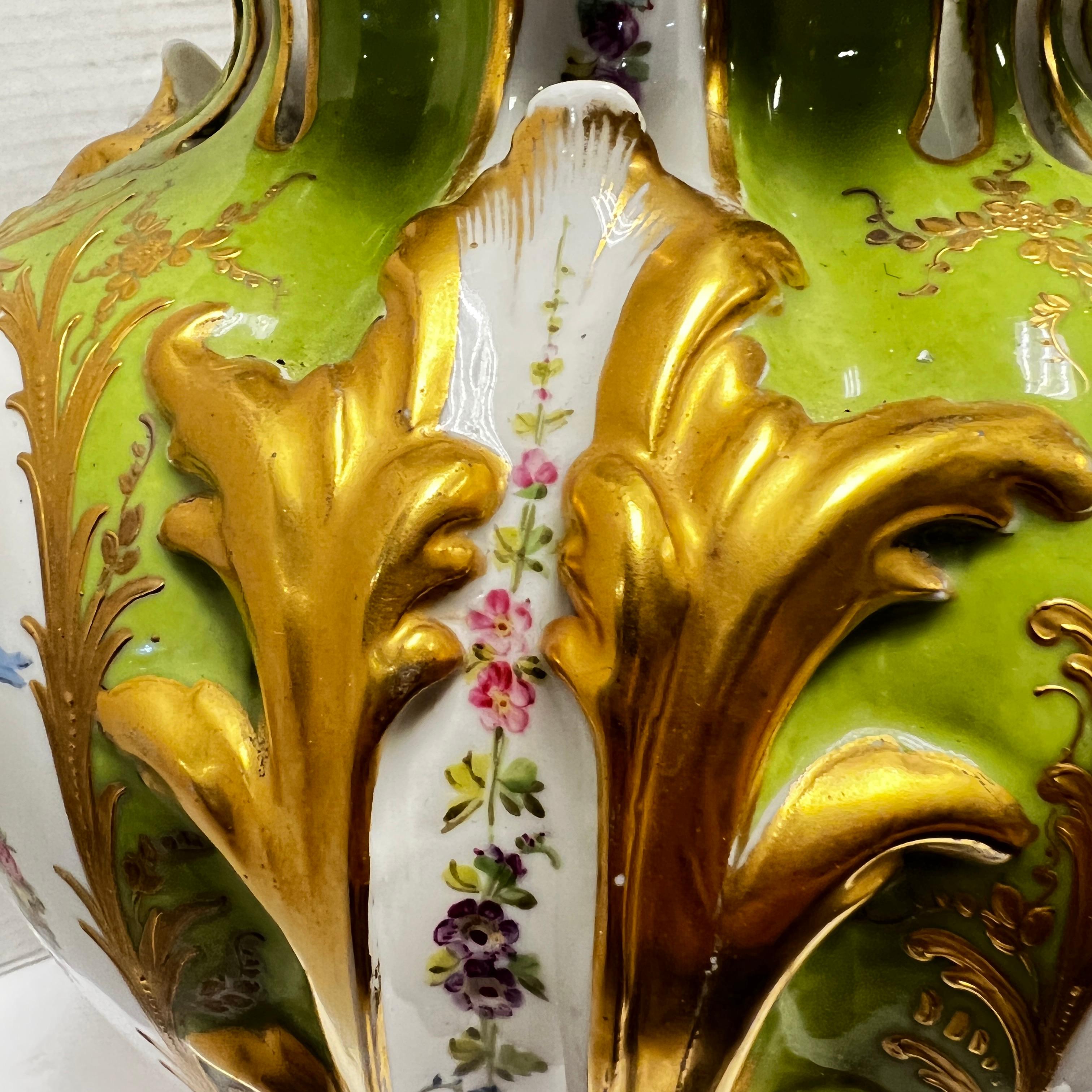Pair Sevres Style Floral Painted and Gilded Porcelain Urns For Sale 4
