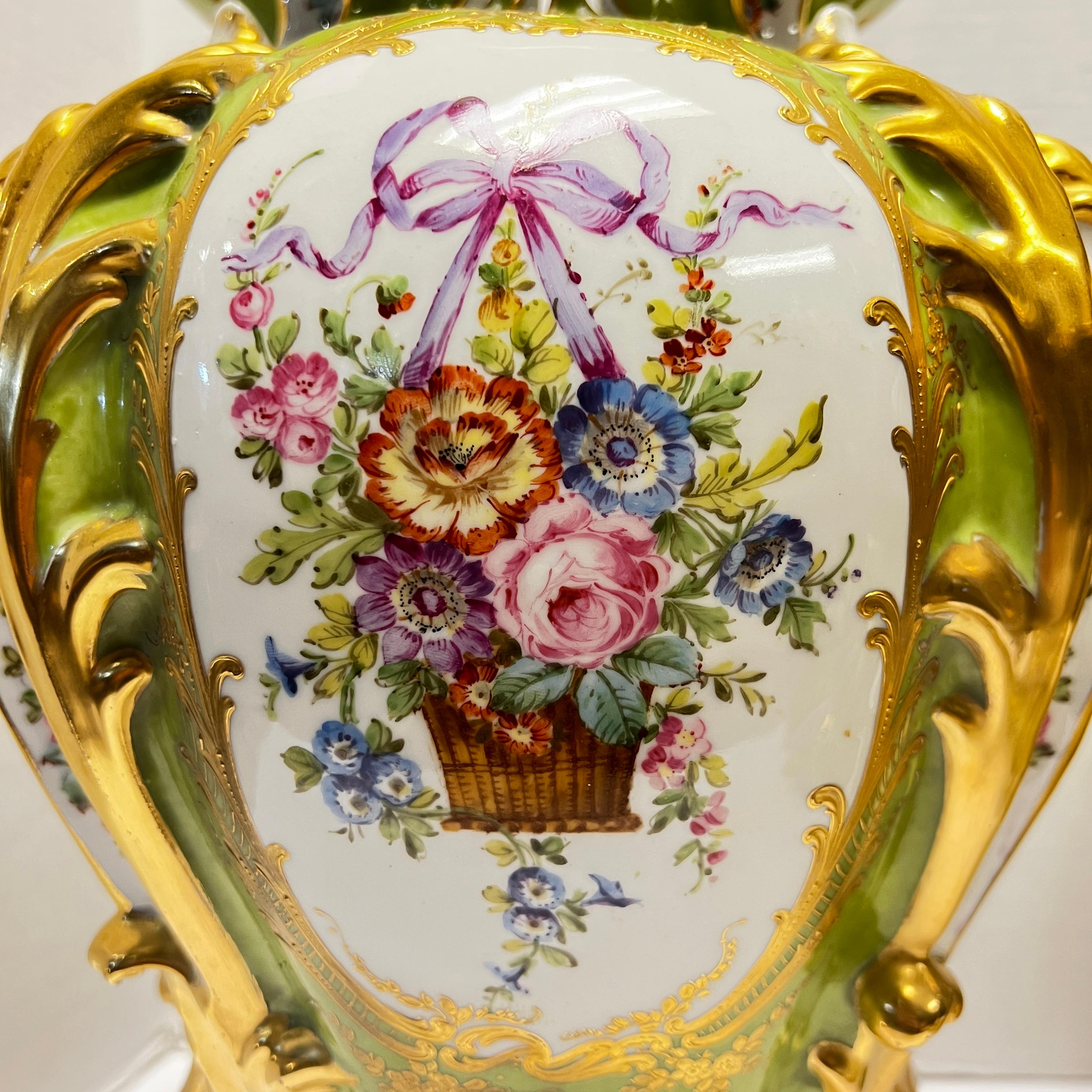 Pair Sevres Style Floral Painted and Gilded Porcelain Urns For Sale 6