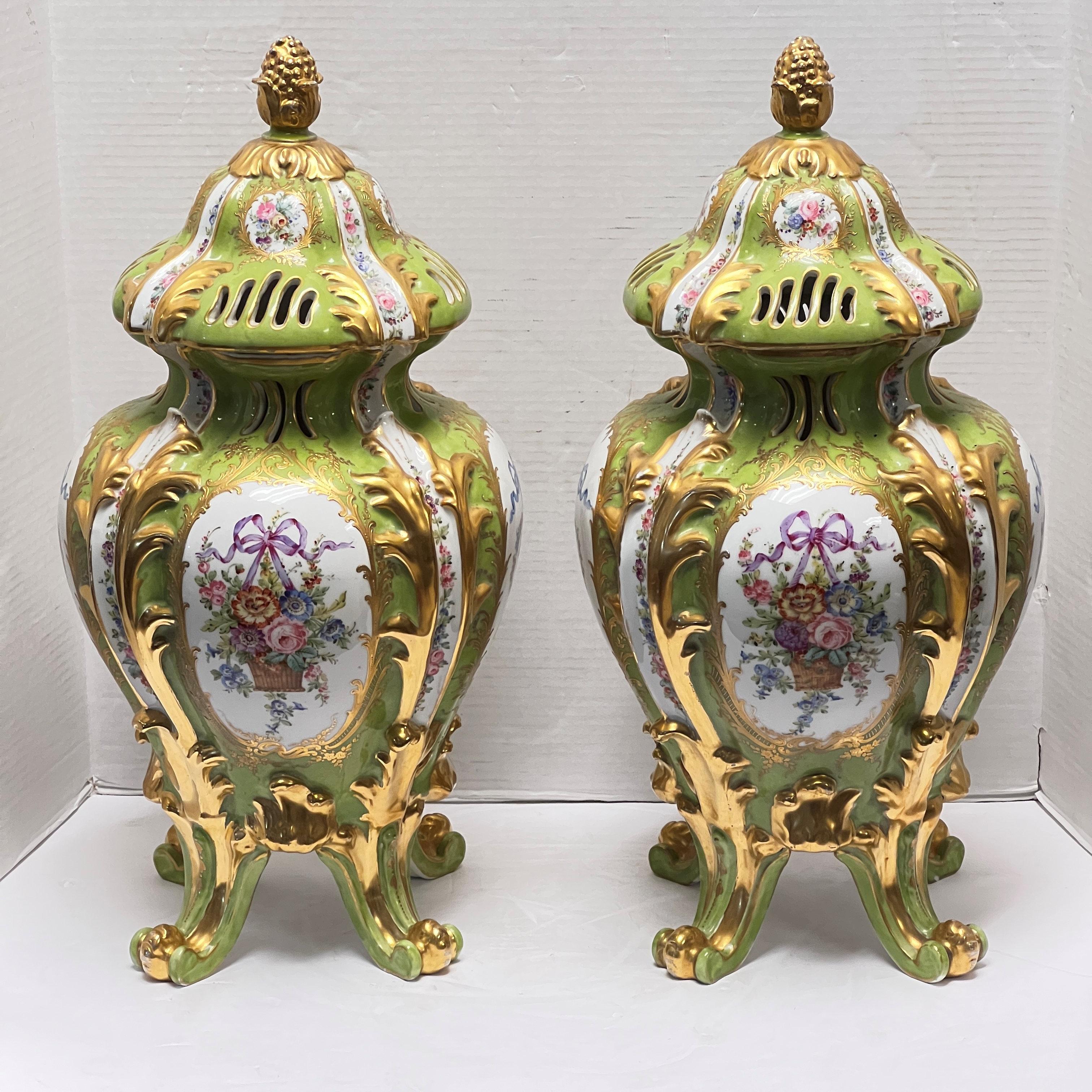 Hand-Carved Pair Sevres Style Floral Painted and Gilded Porcelain Urns For Sale