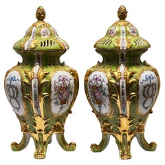 Pair Sevres Style Floral Painted and Gilded Porcelain Urns