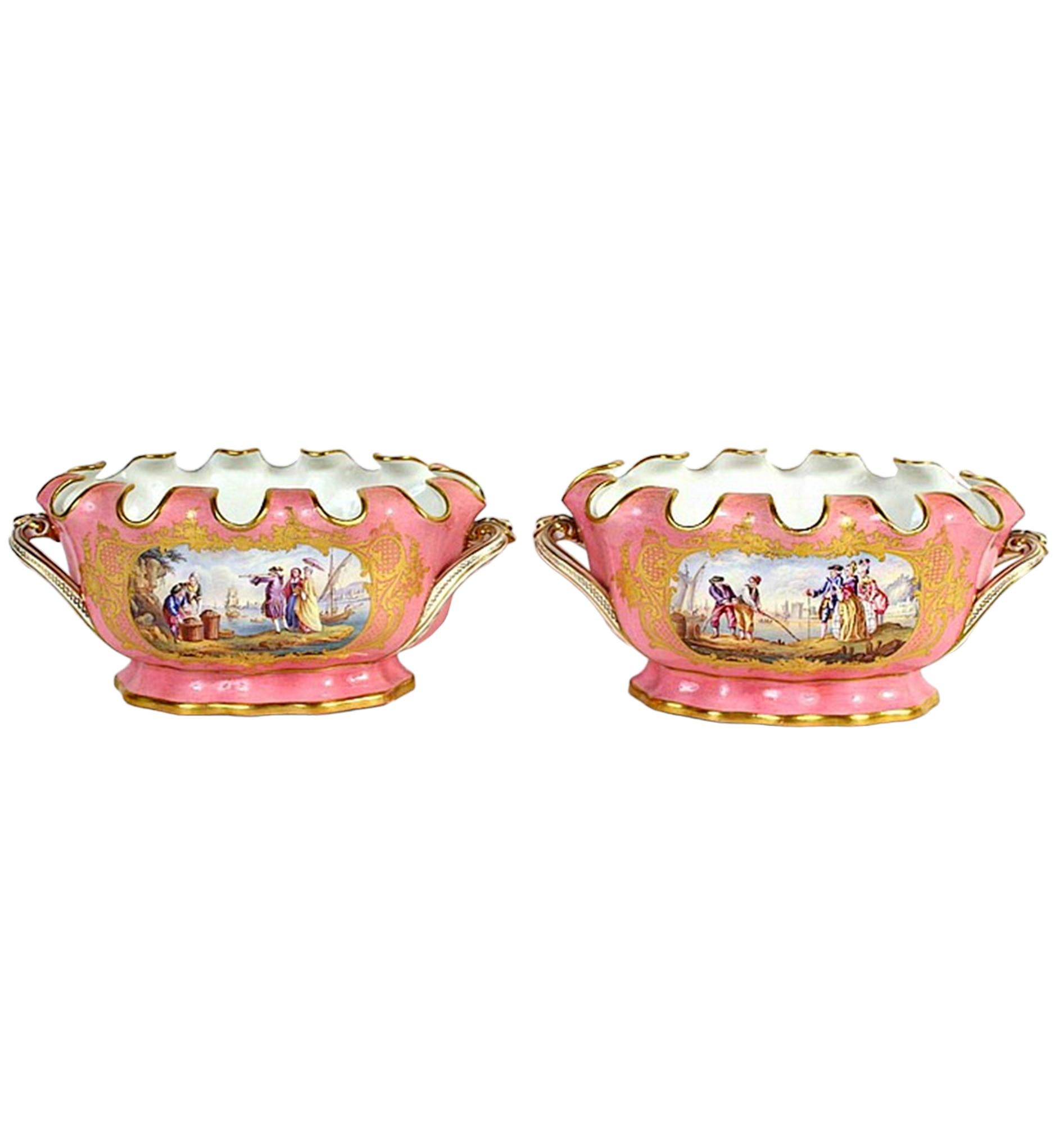 Rococo  Pair Sèvres Style Gilt & Pink Painted Porcelain Cache Pots For Sale