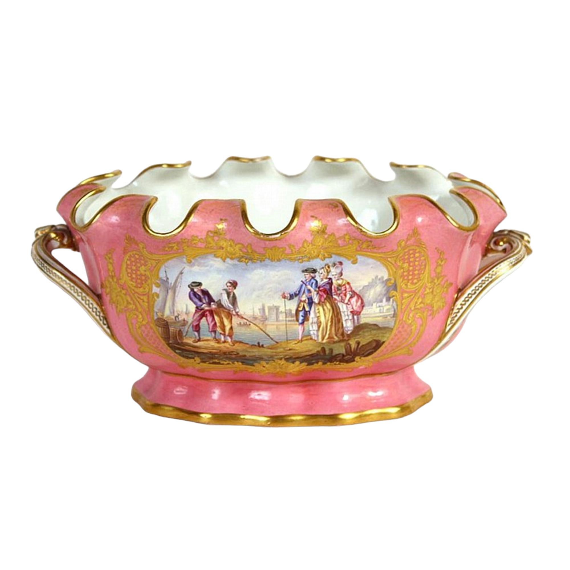 French  Pair Sèvres Style Gilt & Pink Painted Porcelain Cache Pots For Sale