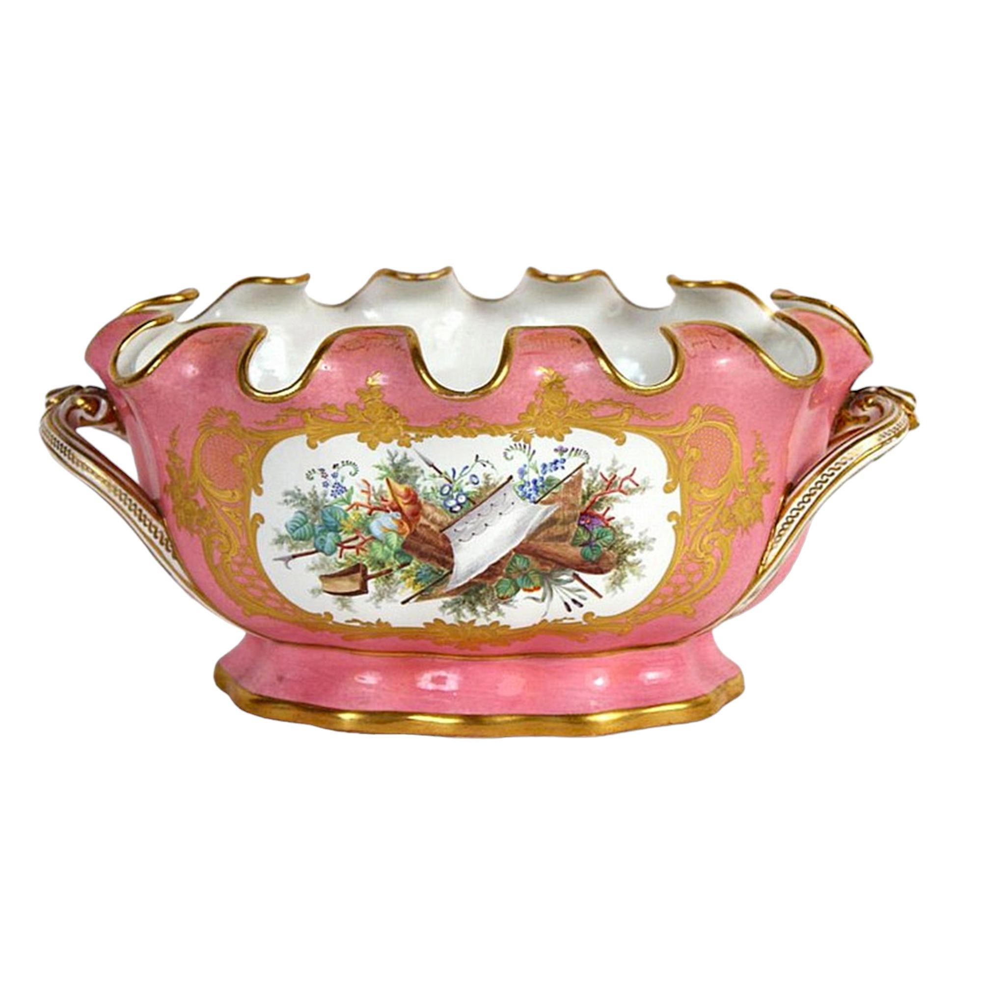 Fired  Pair Sèvres Style Gilt & Pink Painted Porcelain Cache Pots For Sale