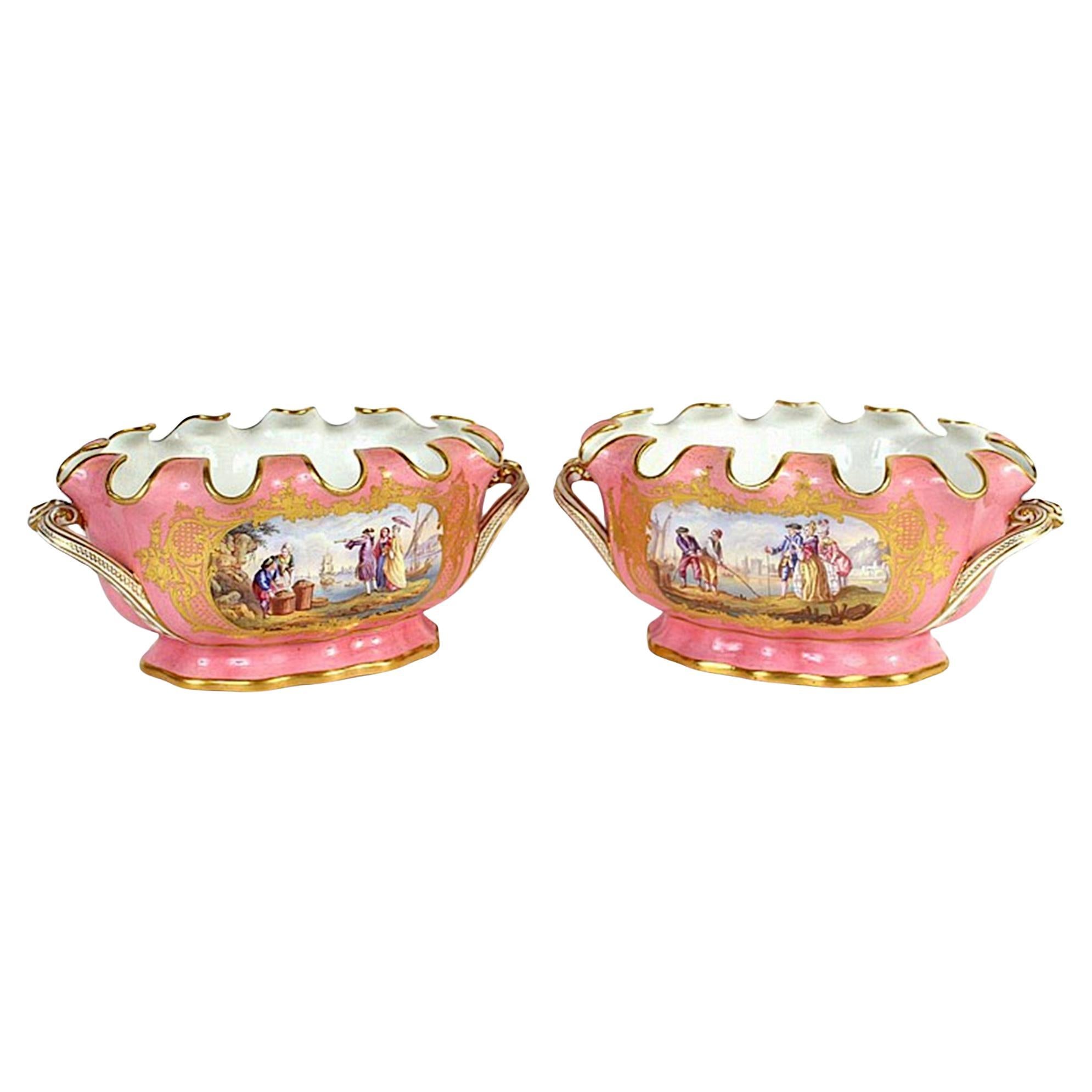  Pair Sèvres Style Gilt & Pink Painted Porcelain Cache Pots For Sale