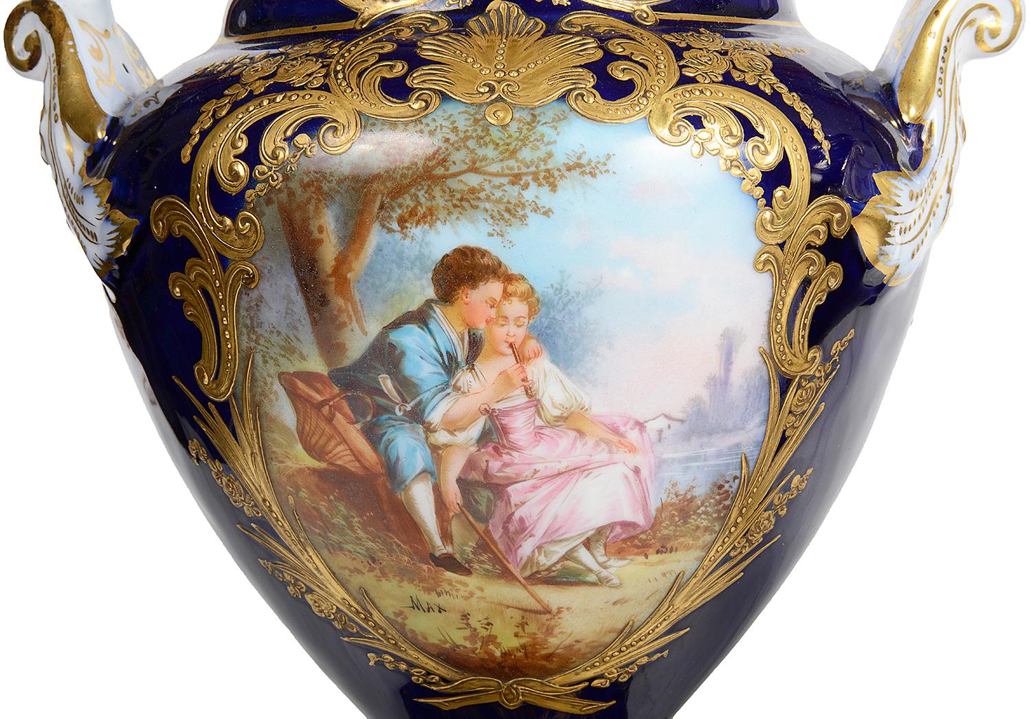 Hand-Painted Pair of Sevres Style Lidded Vases For Sale