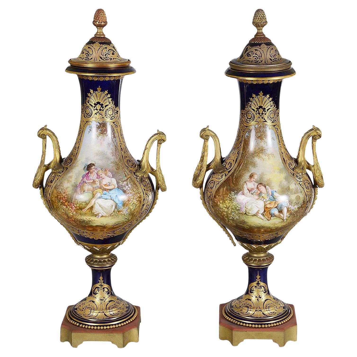 Pair Sevres style lidded vases, C19th