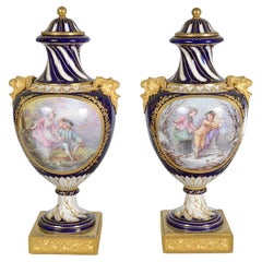 Pair Sevres style lidded vases, late C19th