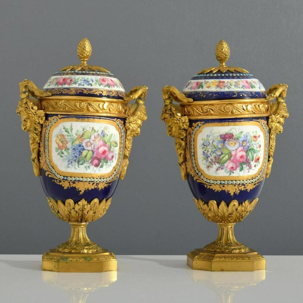 Louis XVI Pair Sevres Style Ormolu Bronze Mounted Jeweled Porcelain Urns with Covers