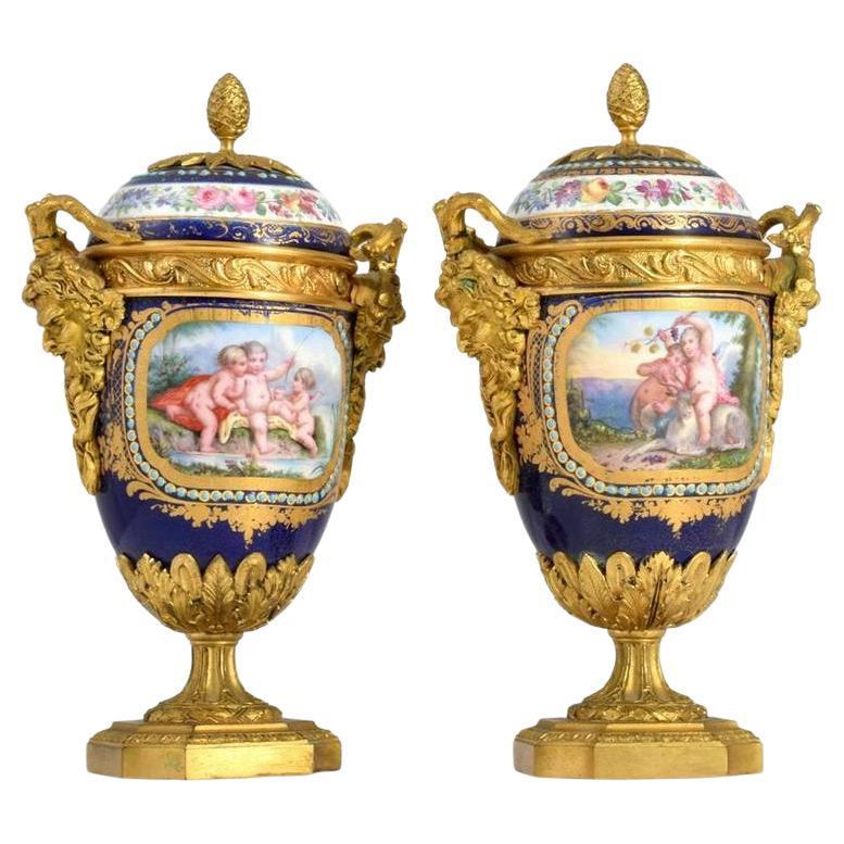 French Pair Sevres Style Ormolu Bronze Mounted Jeweled Porcelain Urns with Covers