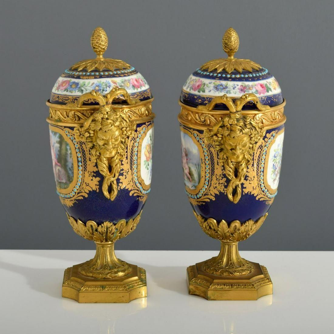 Pair Sevres Style Ormolu Bronze Mounted Jeweled Porcelain Urns with Covers 1