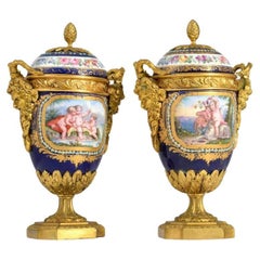 Pair Sevres Style Ormolu Bronze Mounted Jeweled Porcelain Urns with Covers