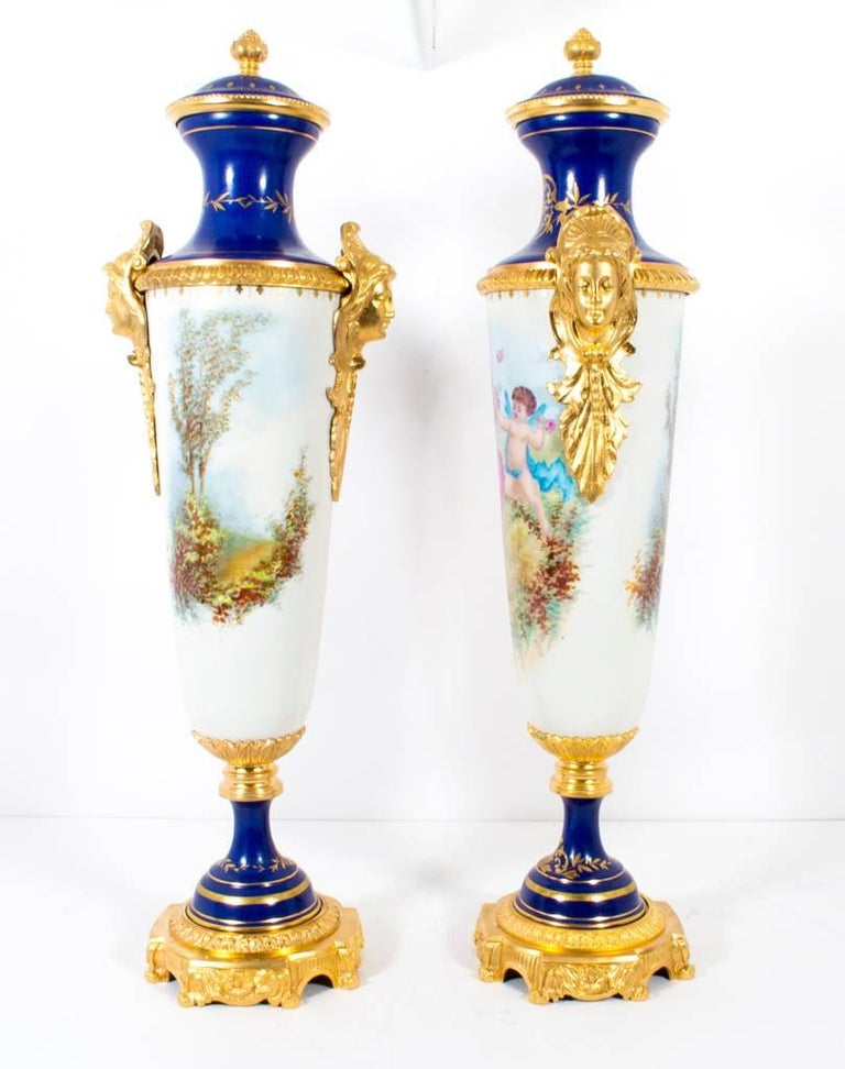 Pair of Sevres Style Painted Royal Blue Porcelain Vases For Sale at 1stdibs