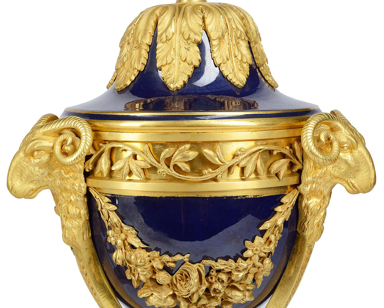 Pair Sevres Style Porcelain and Ormolu Urns In Good Condition In Brighton, Sussex