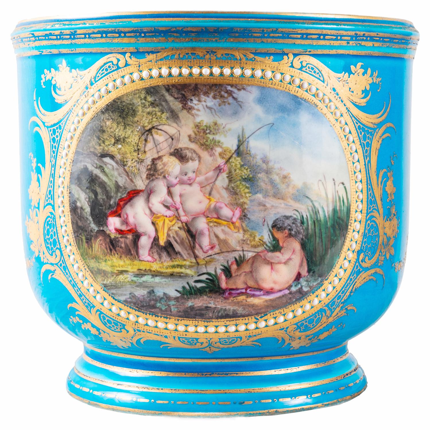 A very good quality pair of late 19th century French Sevres style porcelain cachpots, each with turquoise ground, inset painted panels depicting enchanting scenes of putti playing by the riverside, beeded and scrolling gilded decoration and panels