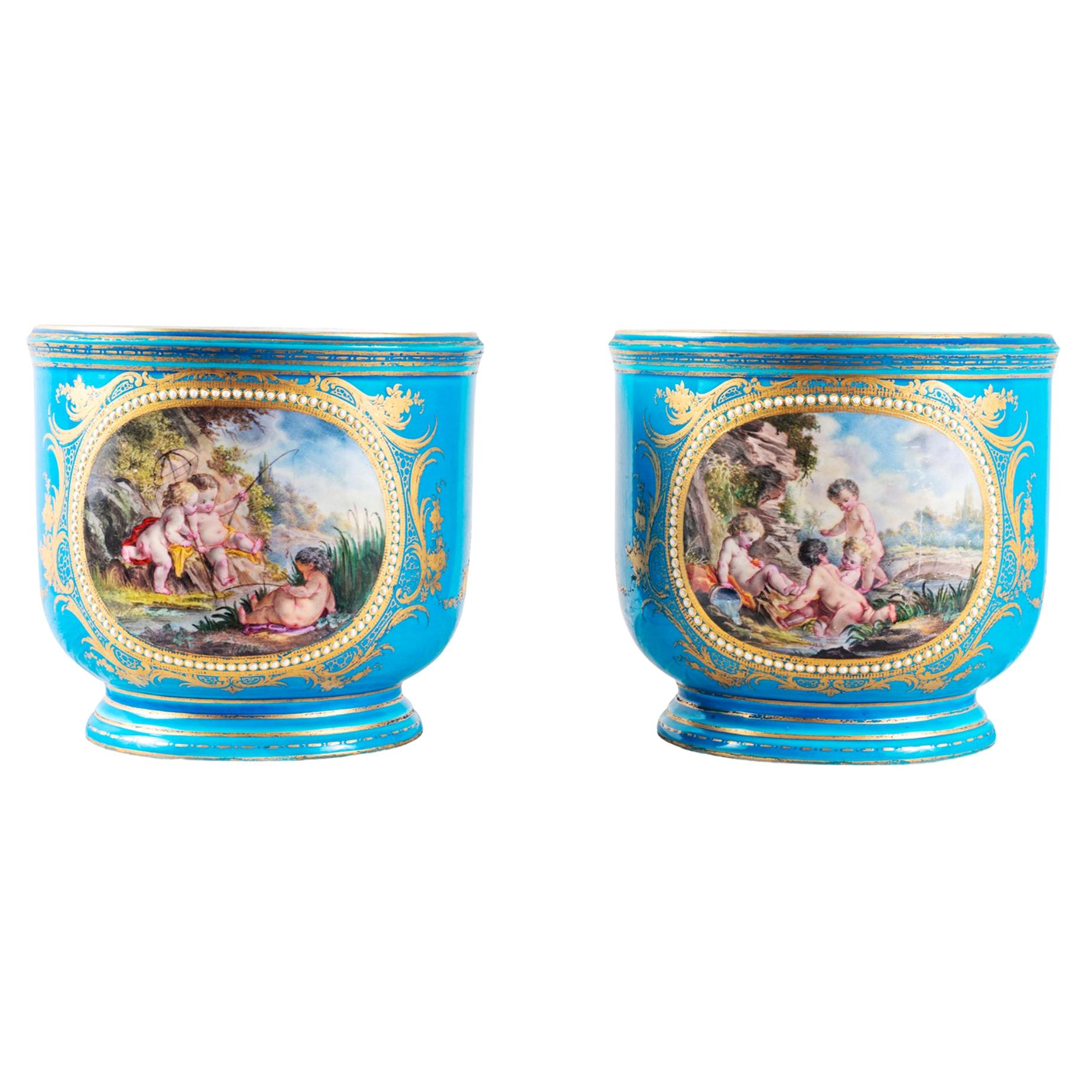 Pair of Sevres Style Porcelain Jardinieres, 19th Century