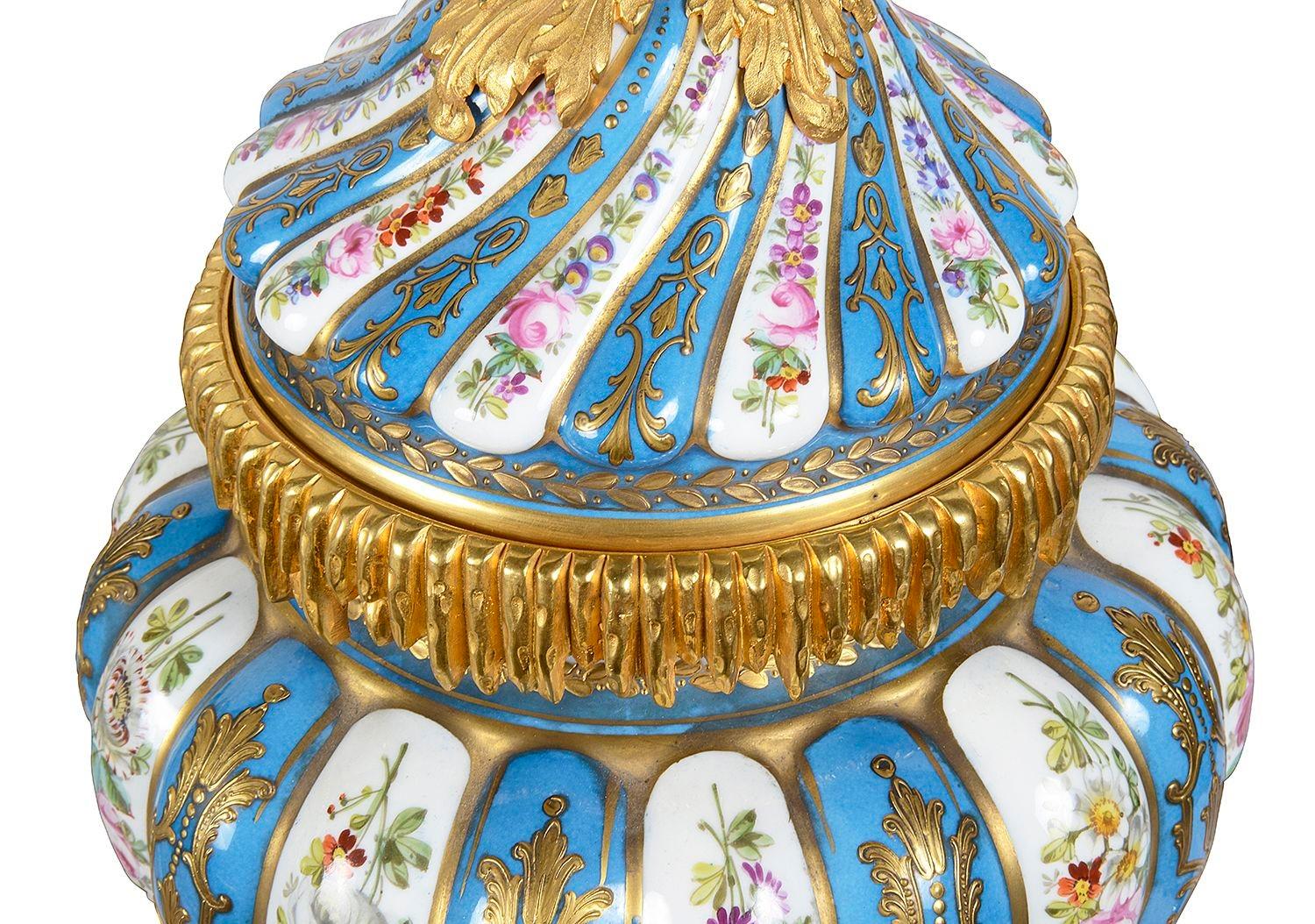 Louis XV Pair Sevres style porcelain lidded vases, C19th. For Sale