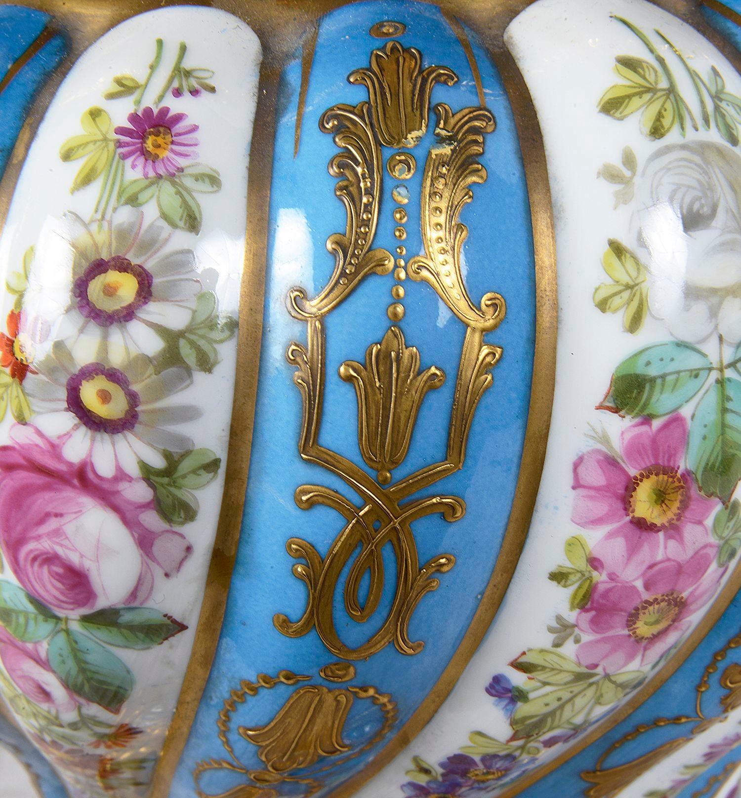 Porcelain Pair Sevres style porcelain lidded vases, C19th. For Sale