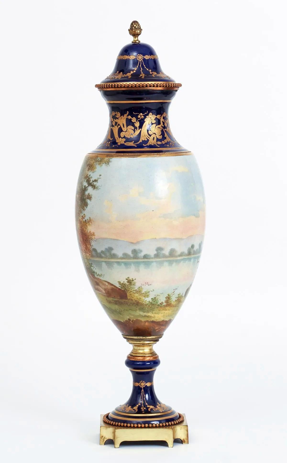 French Pair Sevres Style Porcelain Vases with Covers
