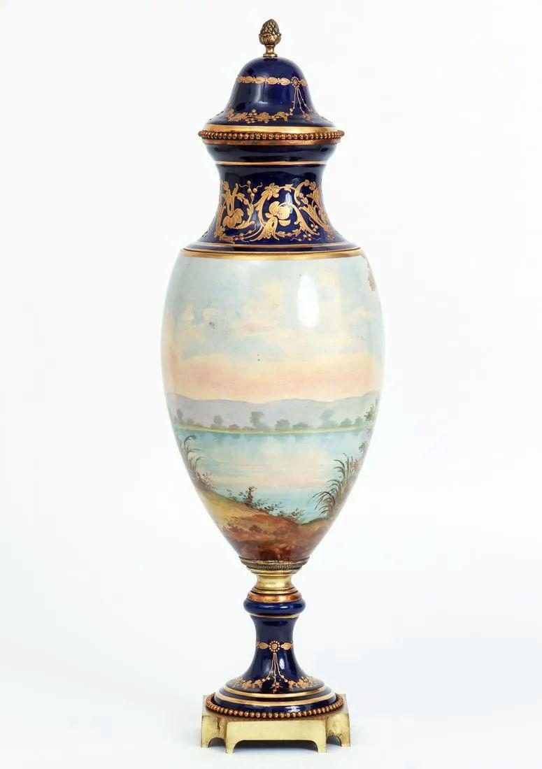 Hand-Painted Pair Sevres Style Porcelain Vases with Covers