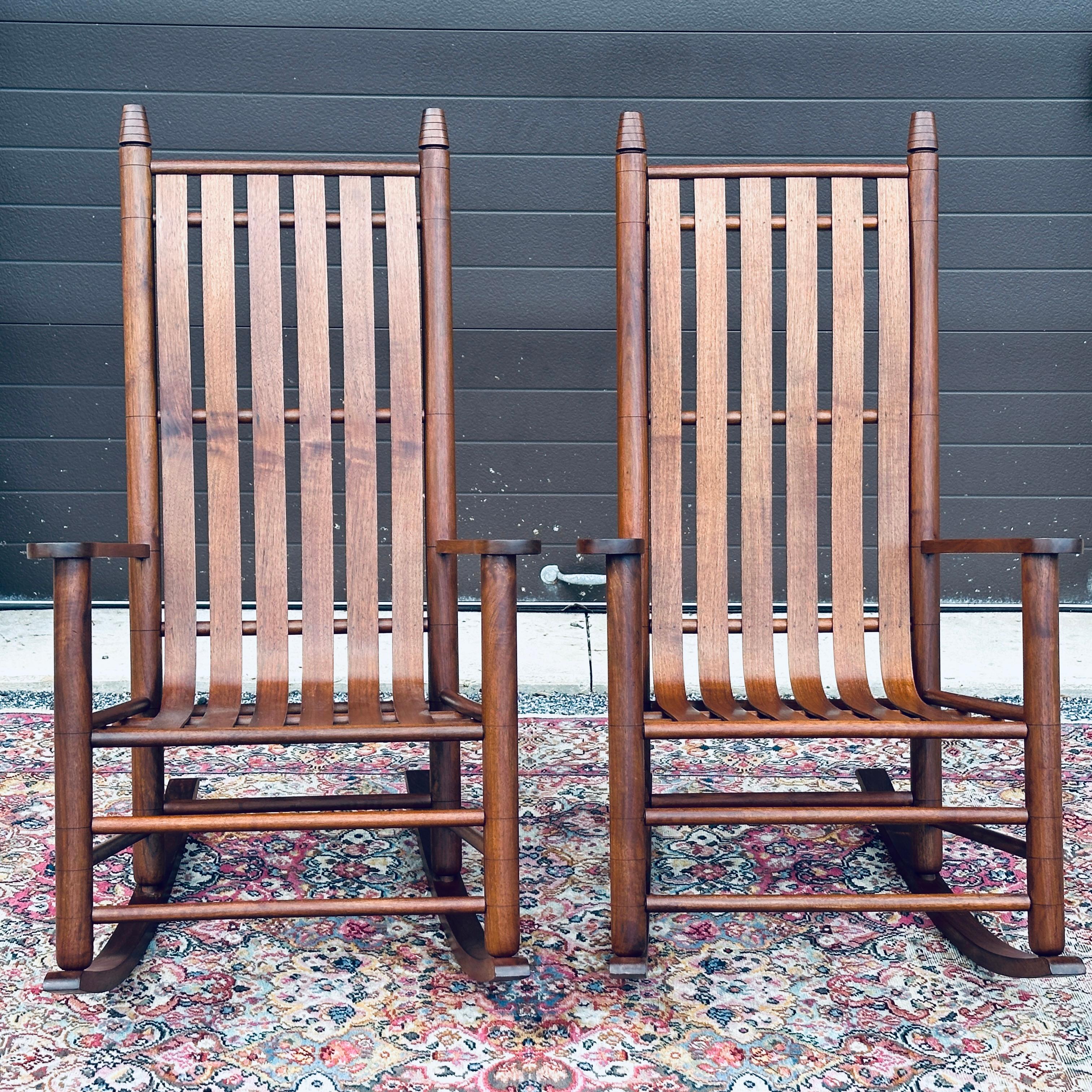 Pair of handmade Shaker style solid walnut wood rockers by 4th Generation Chair Maker Douglas (Doug) Starry of Pennsylvania USA circa 2012. Signed under the arm of each chair. 