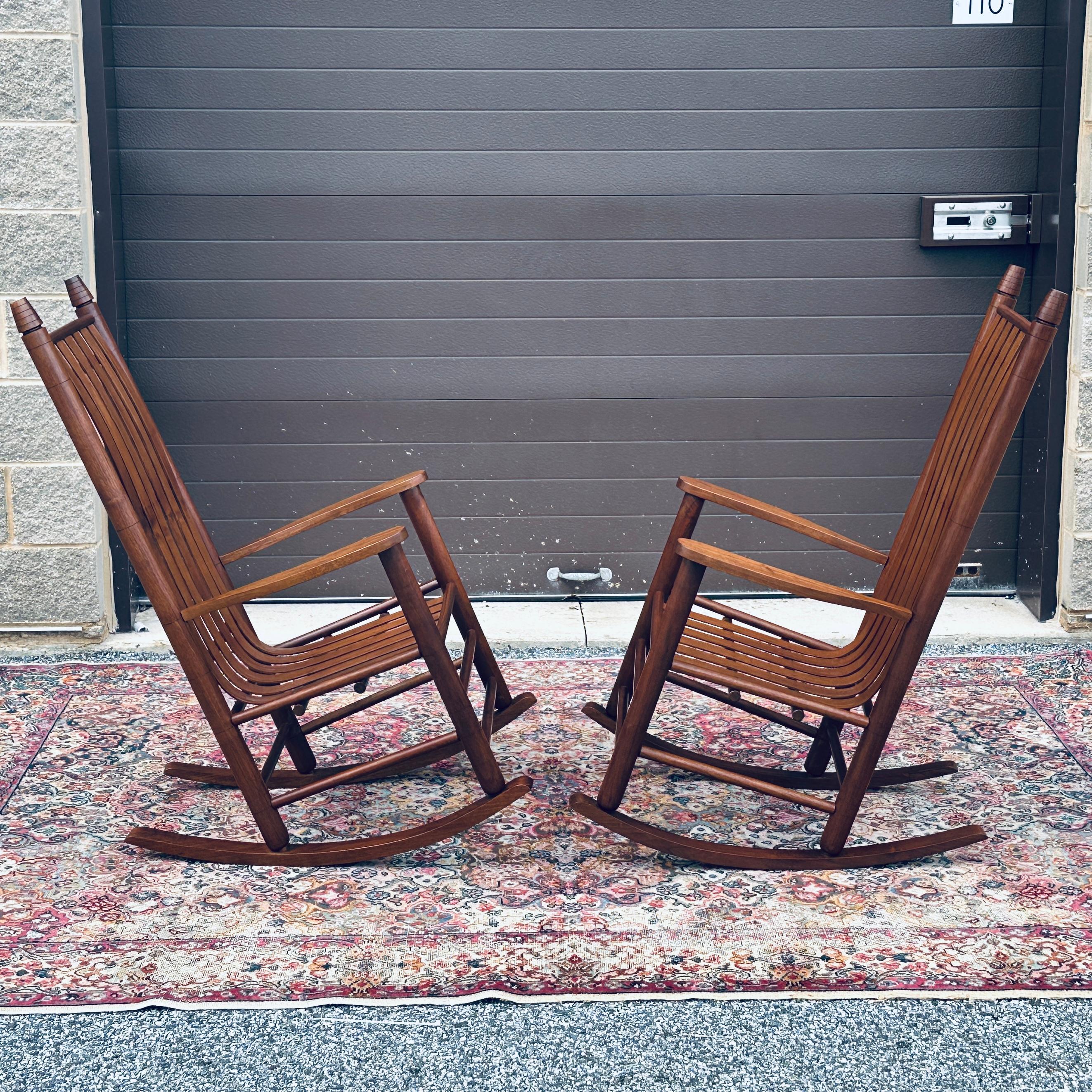 Pair Shaker Style Solid Walnut Bench Made Rocking Chairs In Good Condition In West Chester, PA