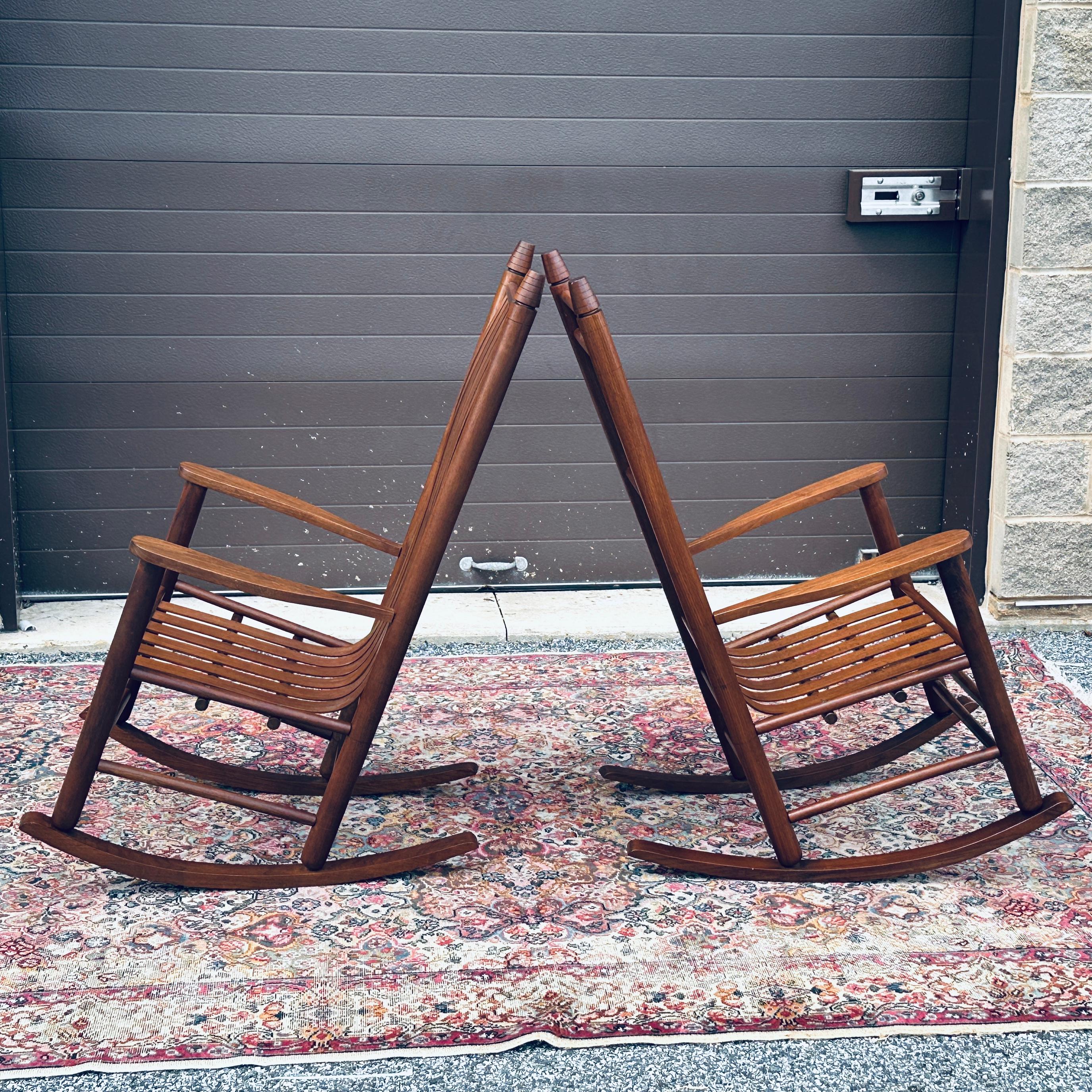 Pair Shaker Style Solid Walnut Bench Made Rocking Chairs 3