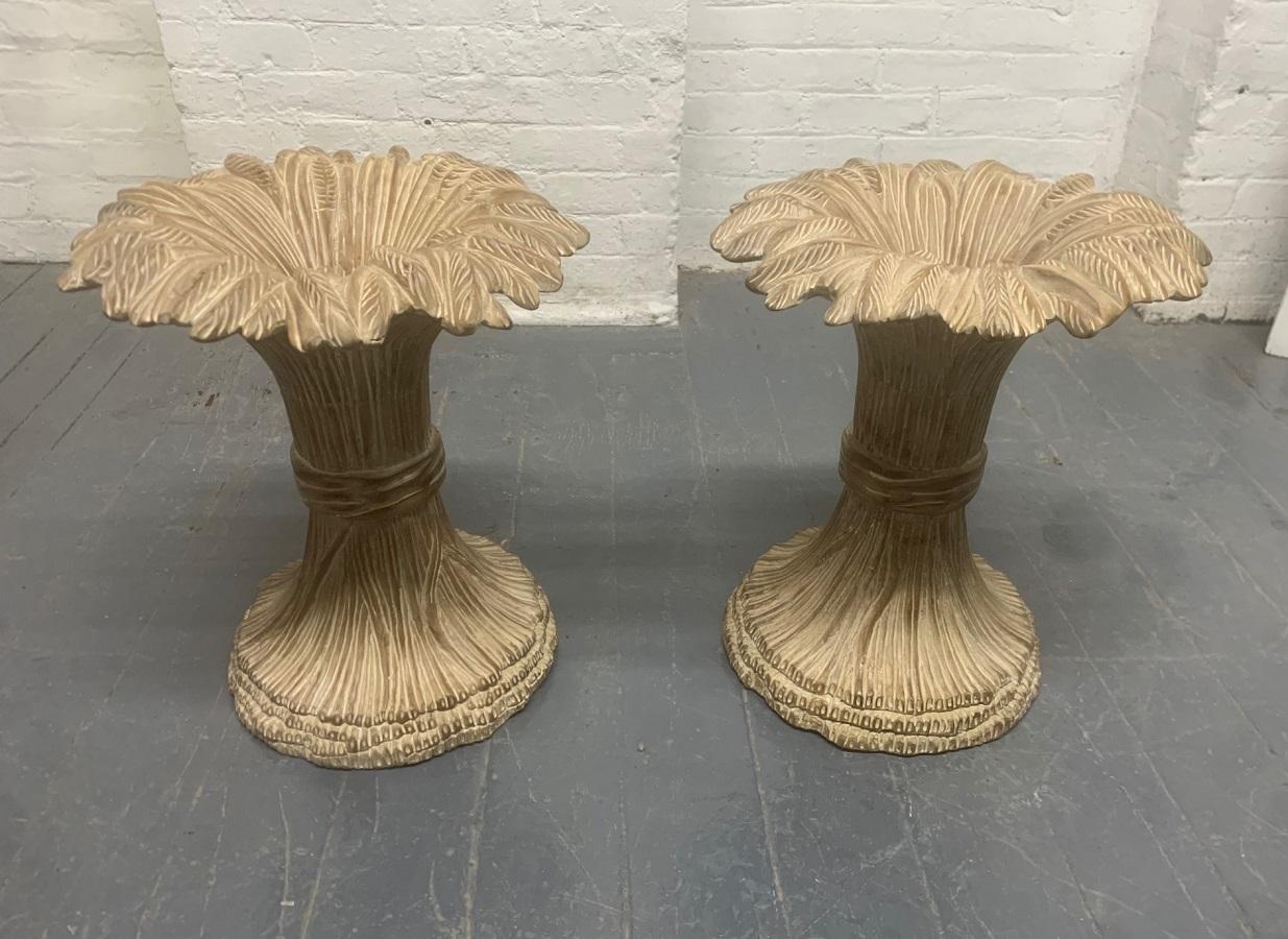 Pair of sheaf of wheat wood and glass top side tables. The frames are solid wood and hand carved.