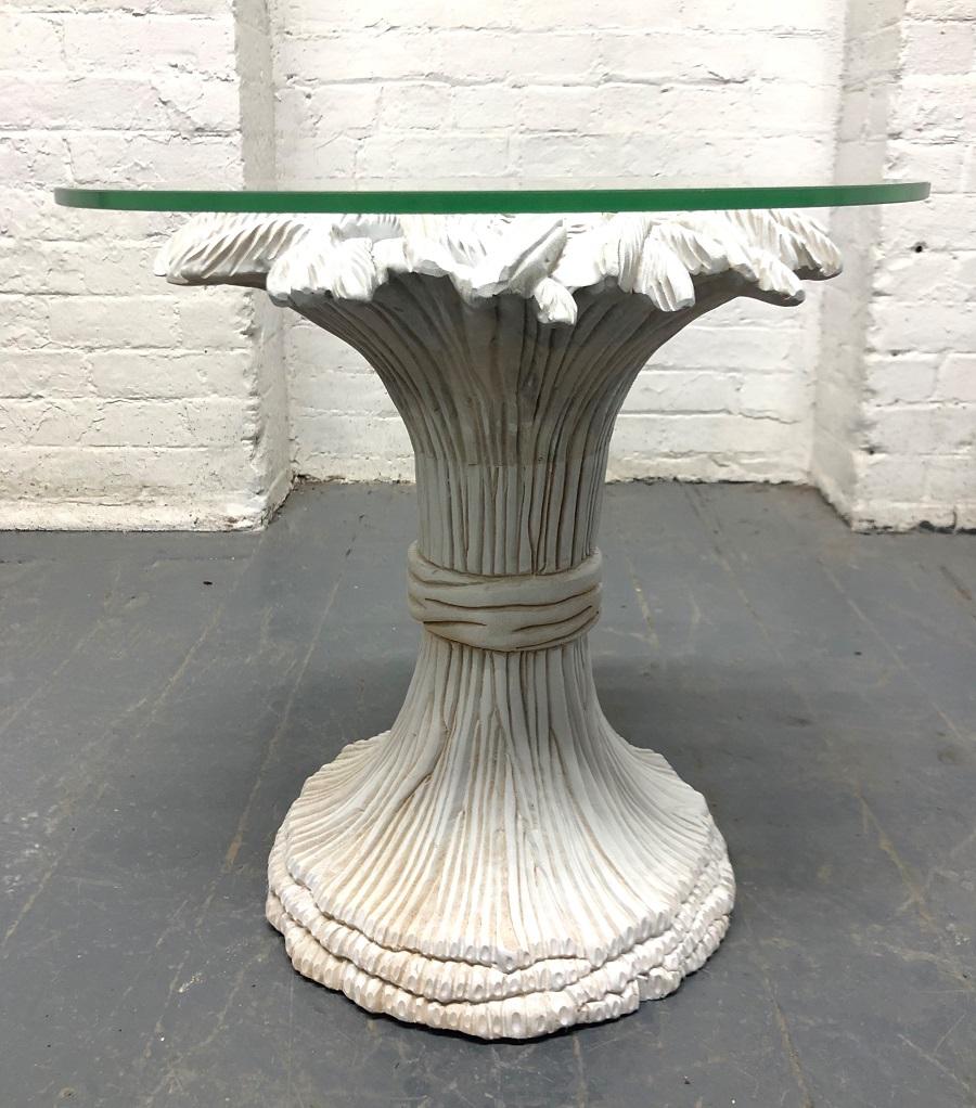 Hand-Carved Pair of Sheaf of Wheat Wood and Glass Top Side Tables For Sale