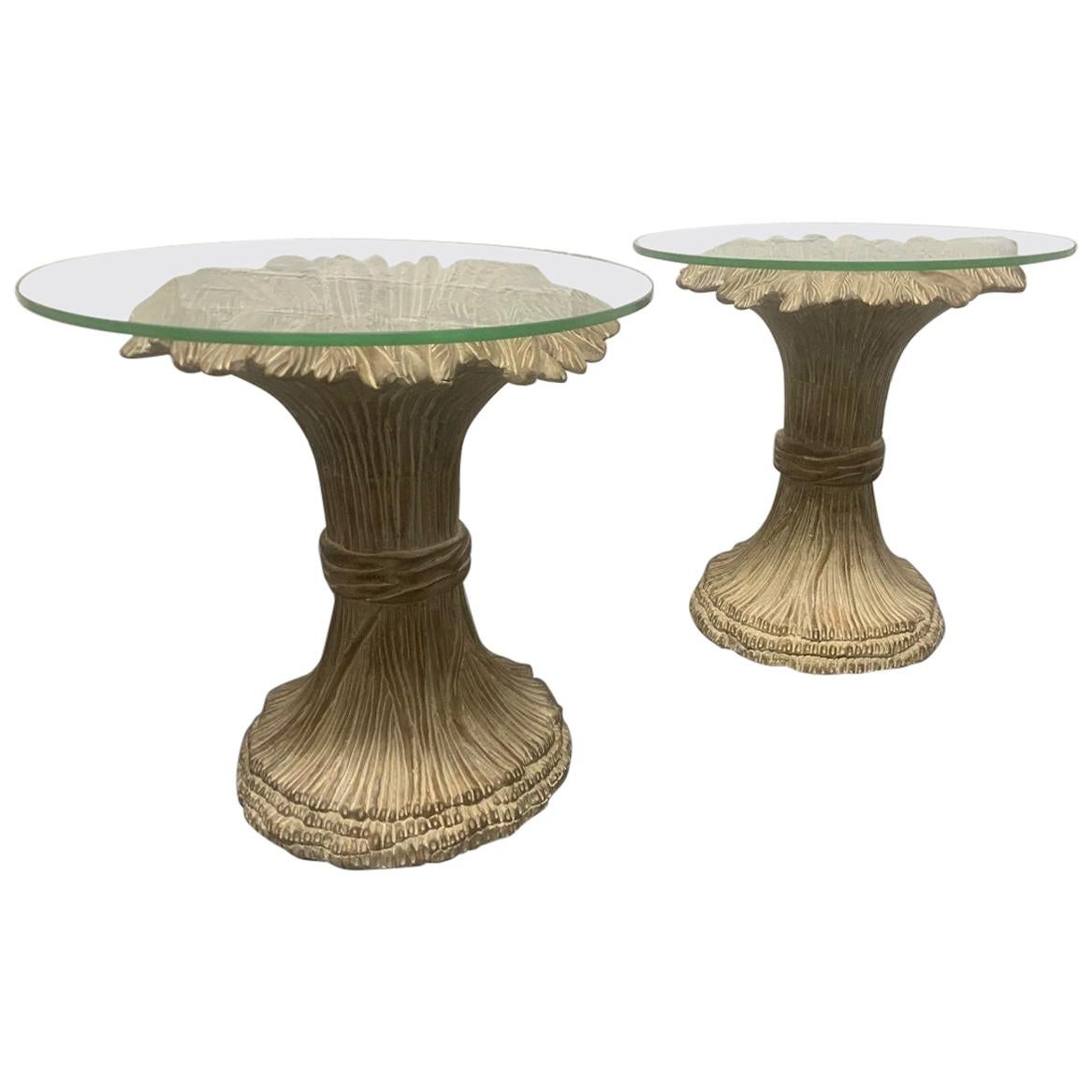 Pair of Sheaf of Wheat Wood and Glass Top Side Tables For Sale