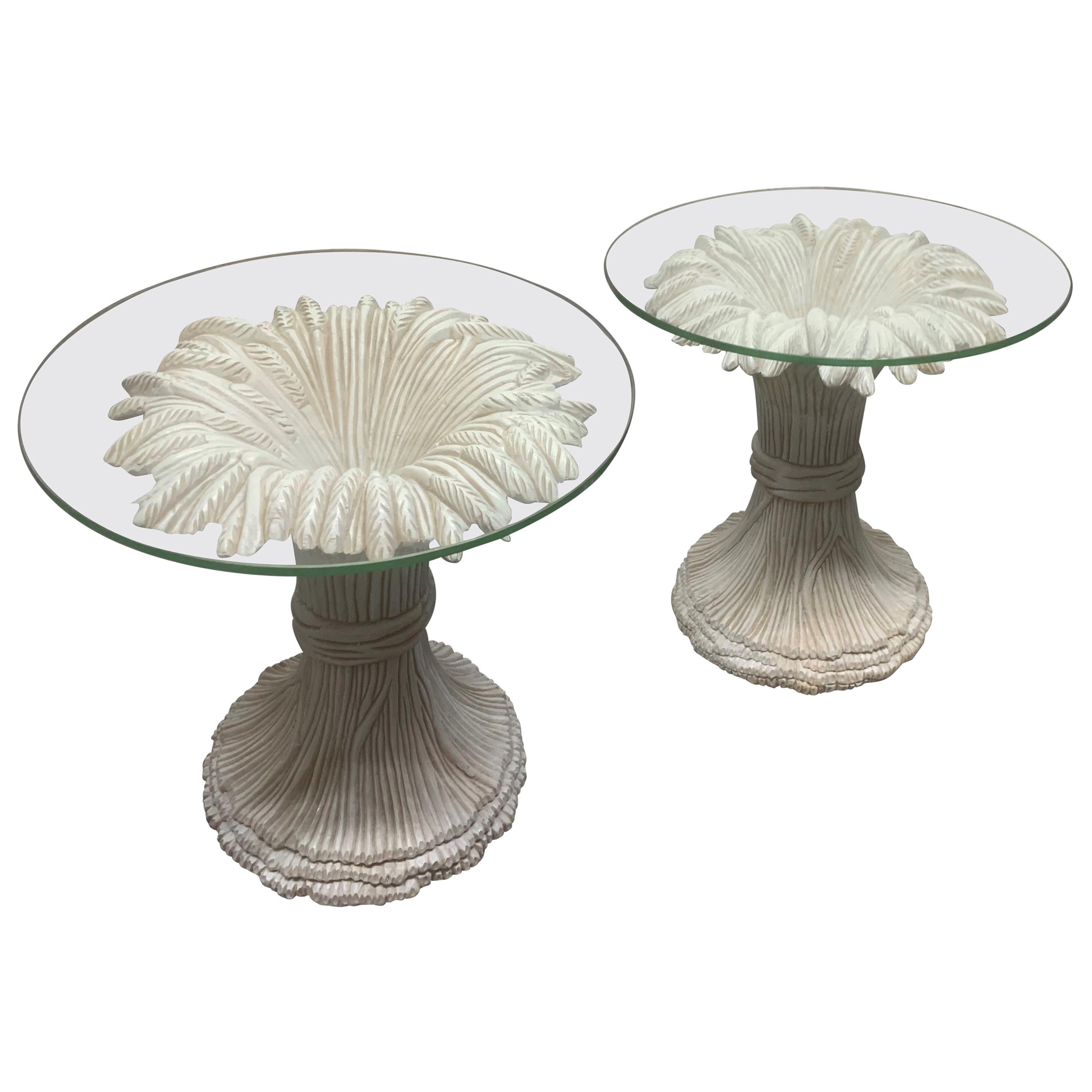 Pair of Sheaf of Wheat Wood and Glass Top Side Tables For Sale