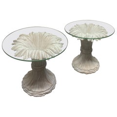 Vintage Pair of Sheaf of Wheat Wood and Glass Top Side Tables