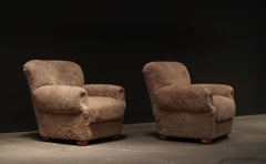 Danish Mid-Century Lounge Chairs, Camel Shearling Upholstery, Pair