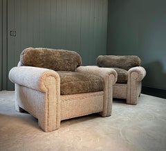 Pair Sheepskin Vintage Carlyle Club Chairs, Down Filled Cushions