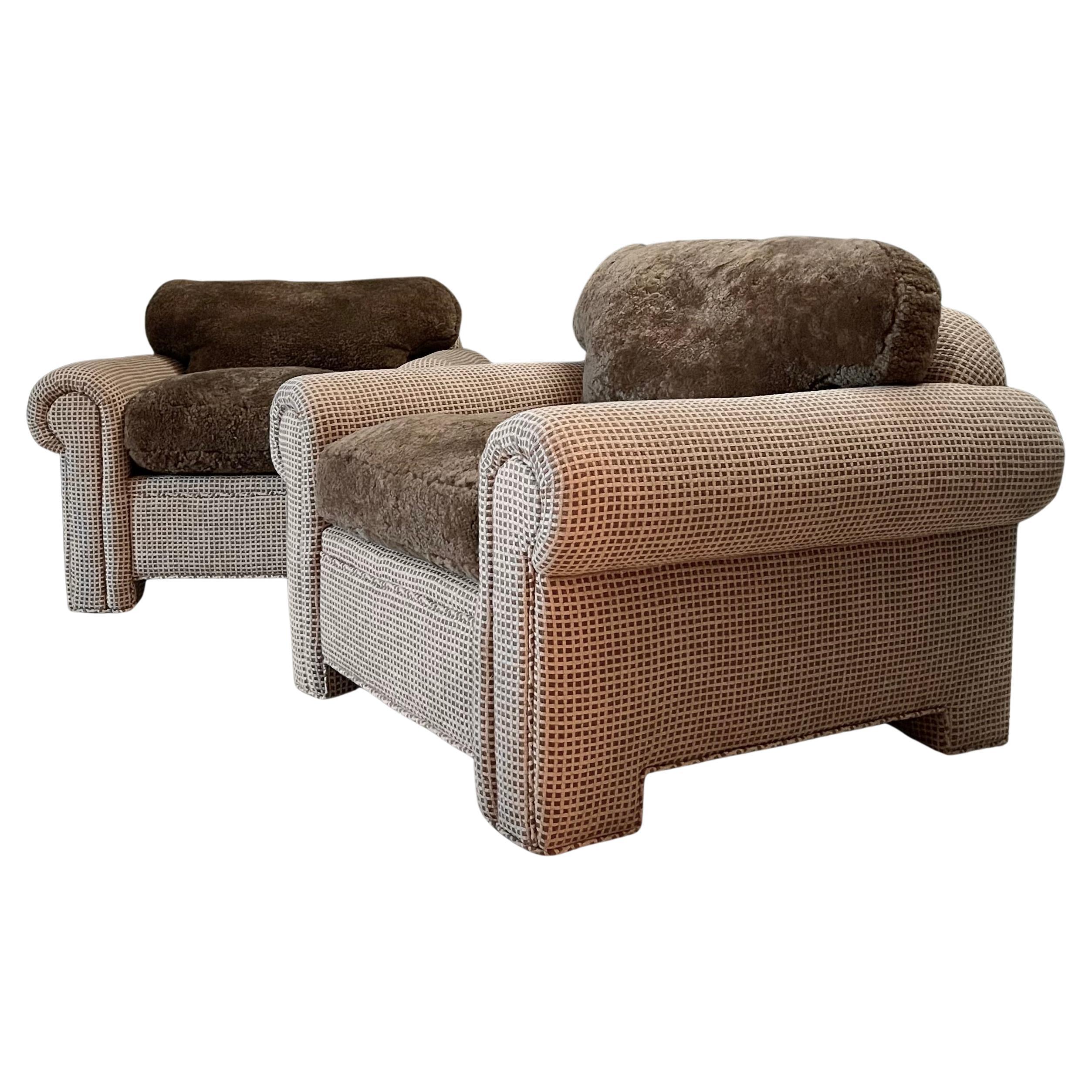 Pair Sheepskin Vintage Carlyle Club Chairs, Down Filled Cushions