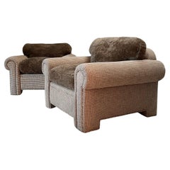 Pair Sheepskin Vintage Carlyle Club Chairs, Down Filled Cushions