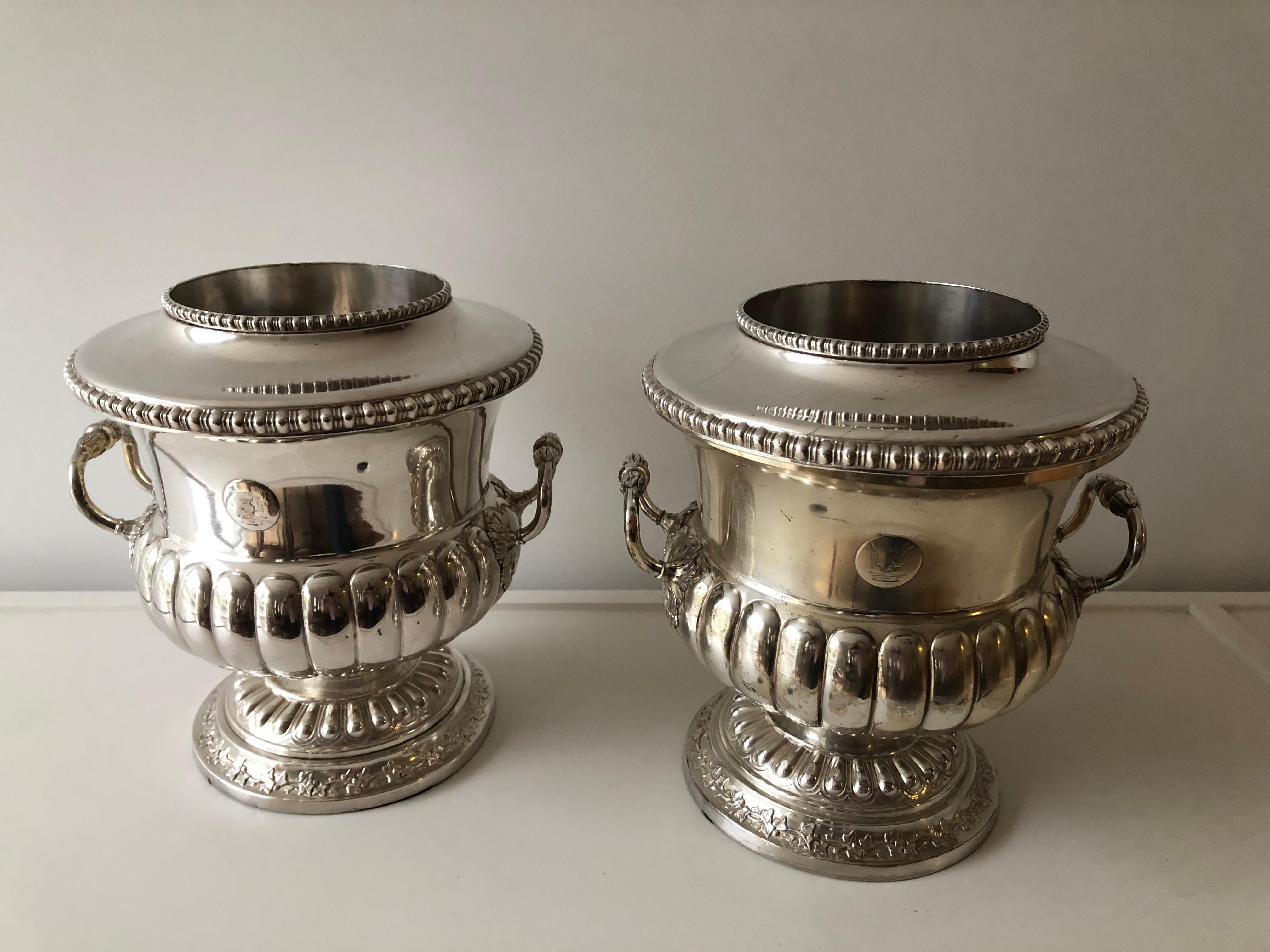 English Pair Sheffield Regency Wine Coolers Silver Plated For Sale