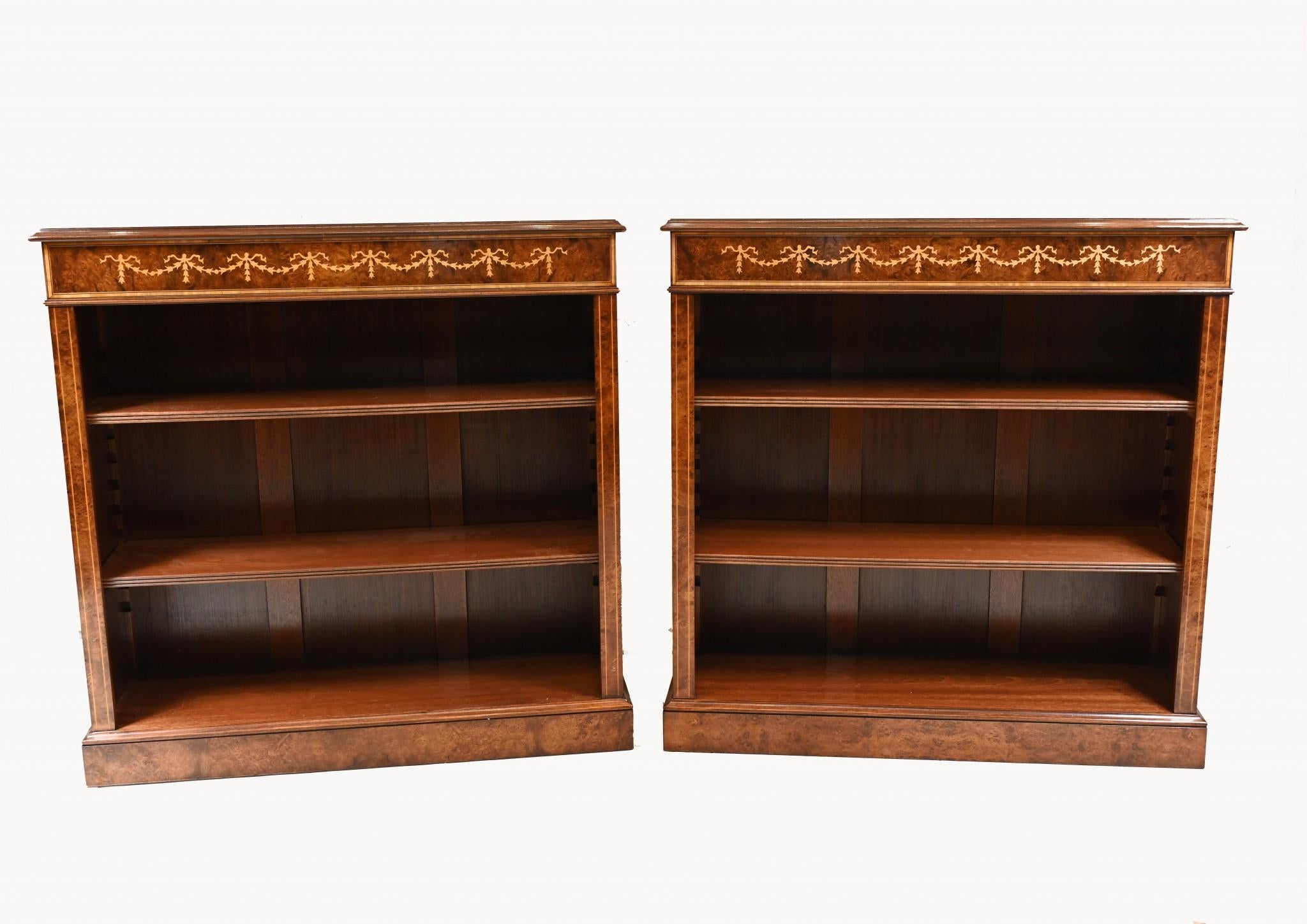 Viewings possible in our Hertfordshire warehouse 
Gorgeous pair of English Sheraton style low openfront bookcases hand crafted from walnut
Hand crafted in England to centuries old traditions - will last for many generations
Great investment - and