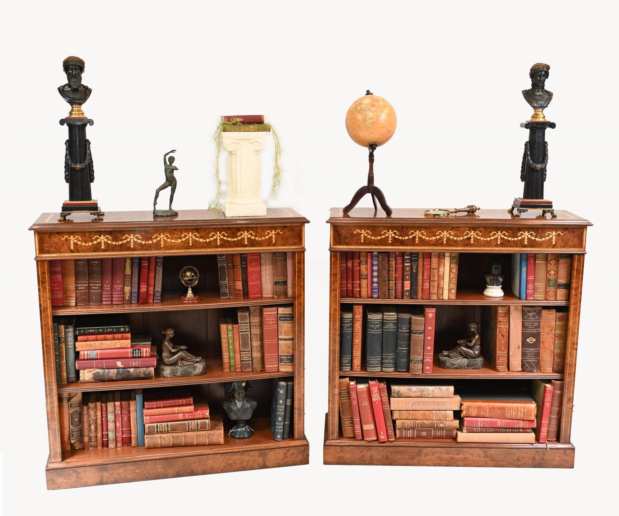 Viewings possible in our Hertfordshire warehouse - please contact for an appointment
Gorgeous pair of English Sheraton style low openfront bookcases hand crafted from walnut
Hand crafted in England to centuries old traditions - will last for many