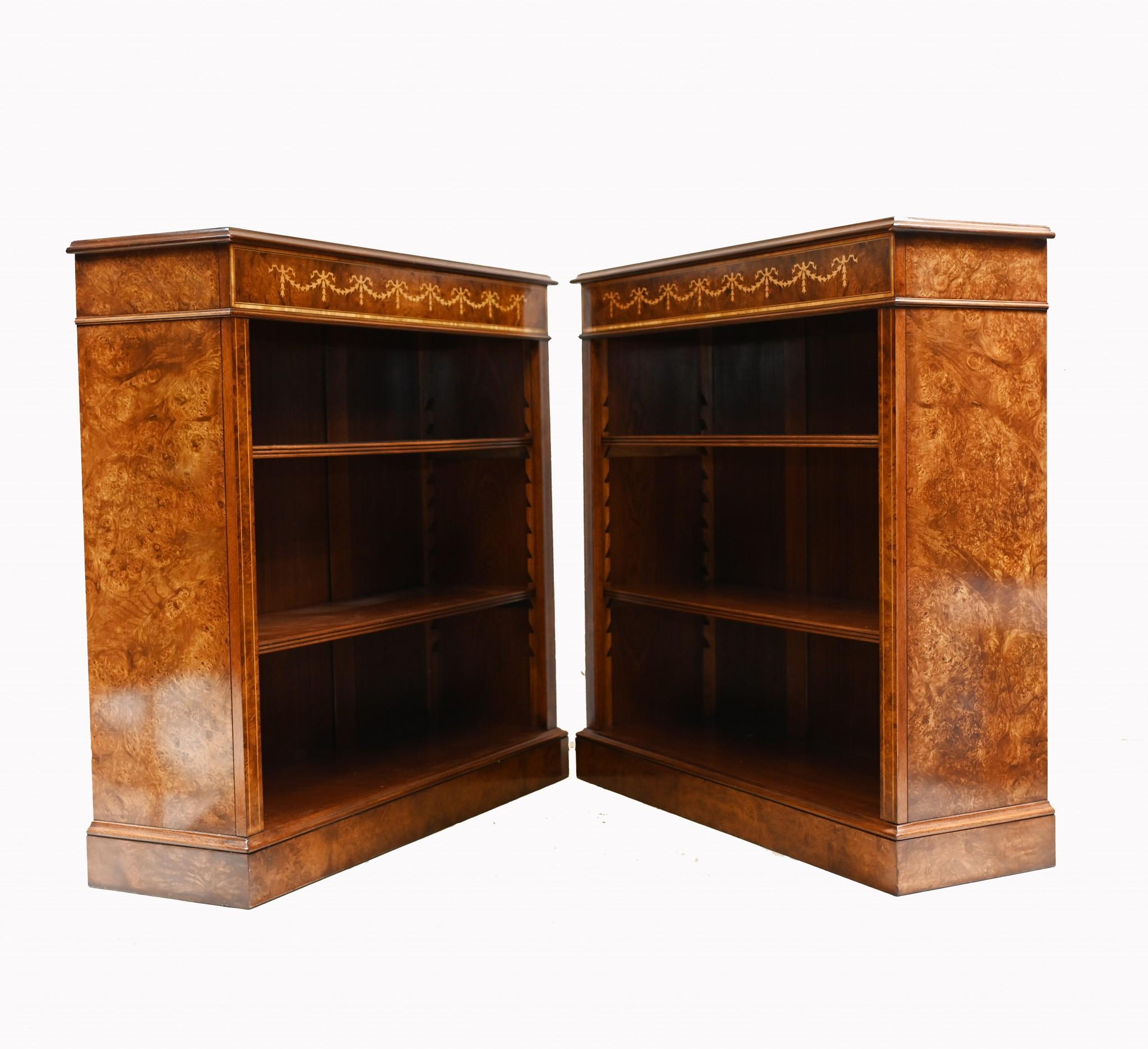 Pair Sheraton Bookcases - Walnut Low Open Front Bookcase 4