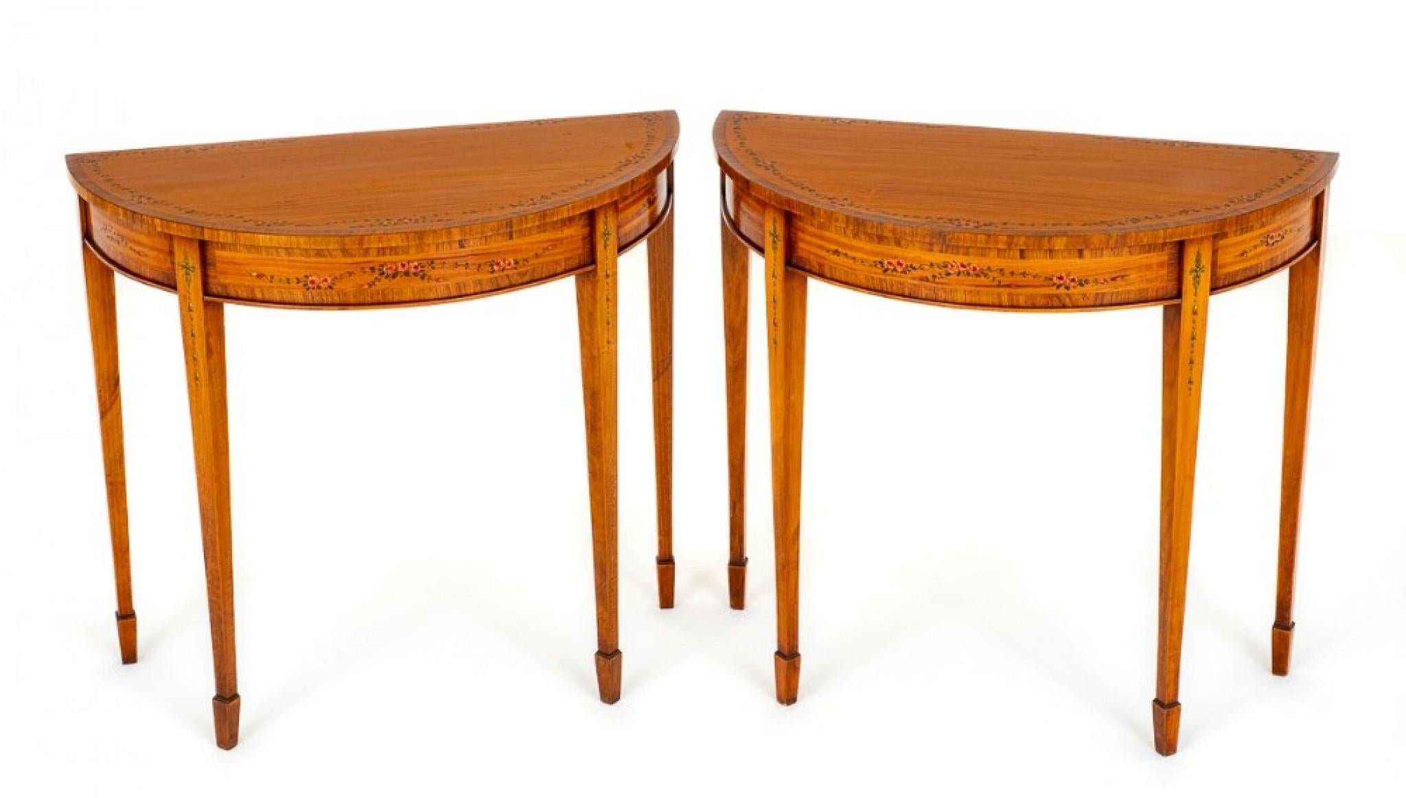 Early 20th Century Pair Sheraton Console Tables Demi Lune Satinwood