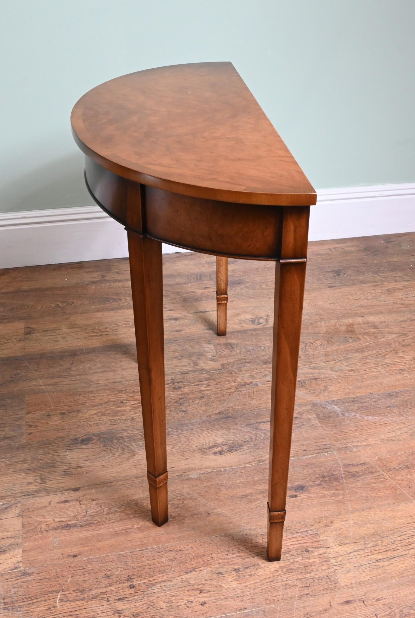 Pair Sheraton Console Tables Demi Lune Walnut Regency In Good Condition In Potters Bar, GB