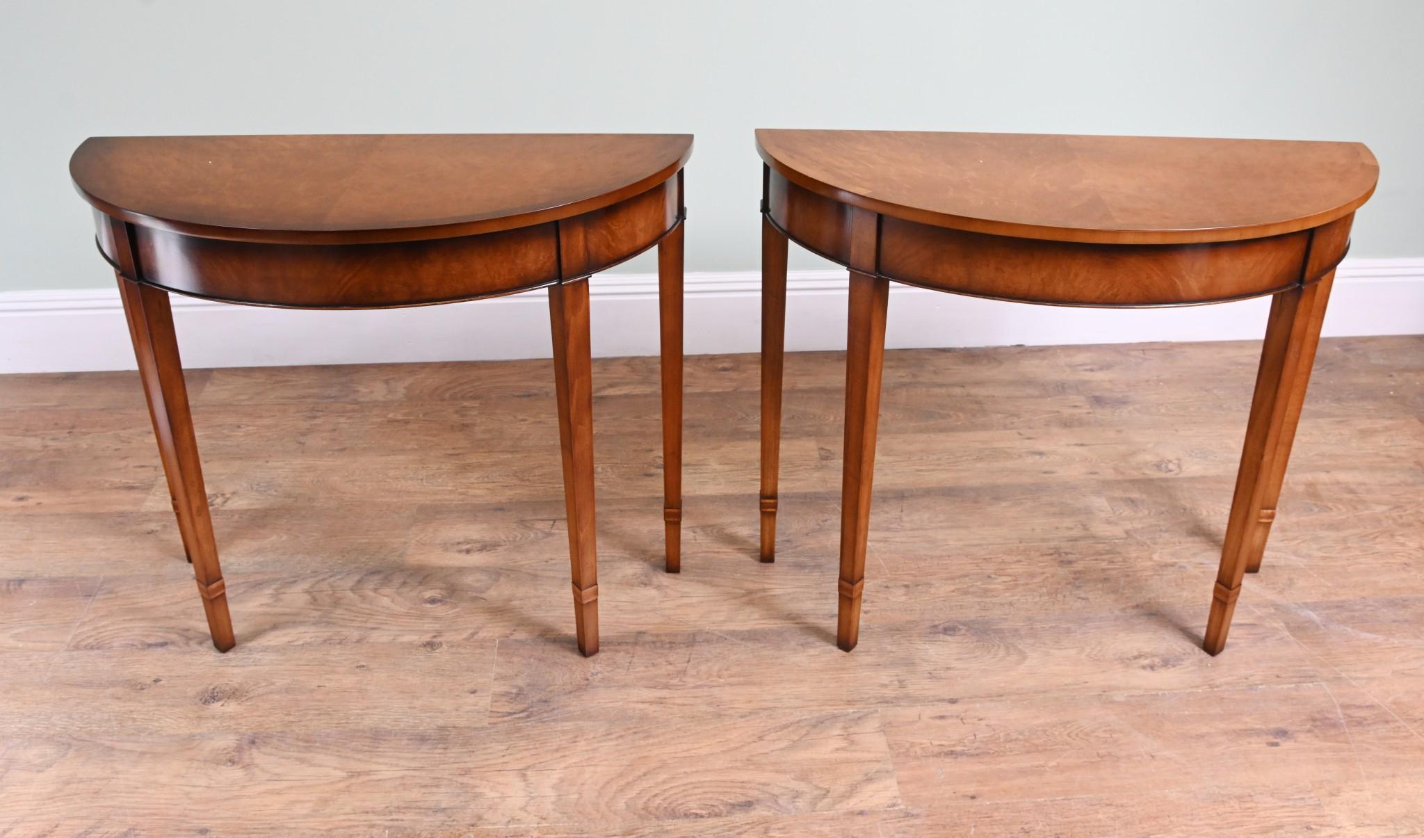 Pair Sheraton Console Tables Demi Lune Walnut Regency 1