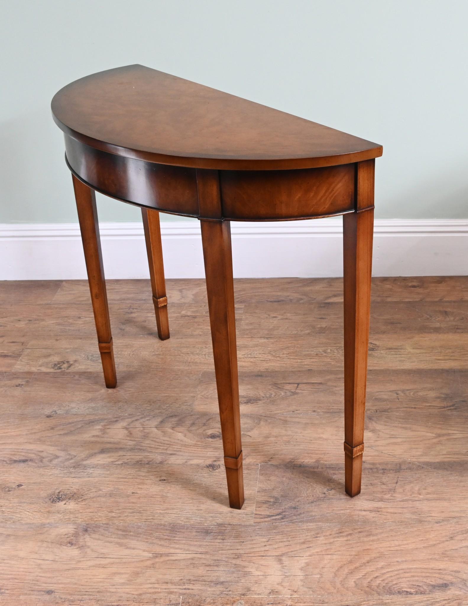 Late 20th Century Pair Sheraton Console Tables Demi Lune Walnut Regency For Sale