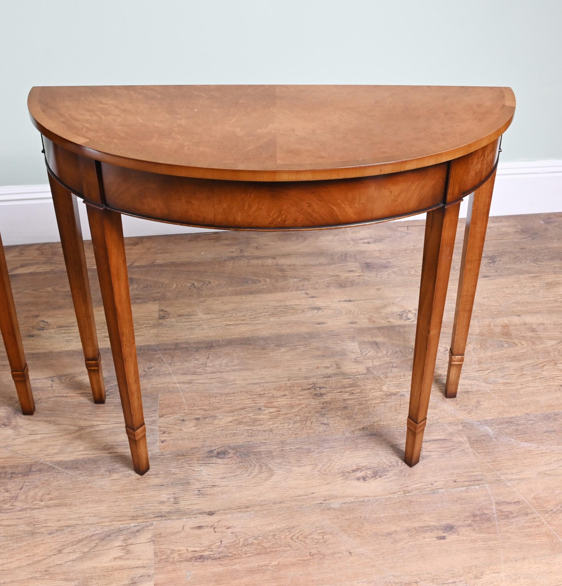 Pair Sheraton Console Tables Demi Lune Walnut Regency 2