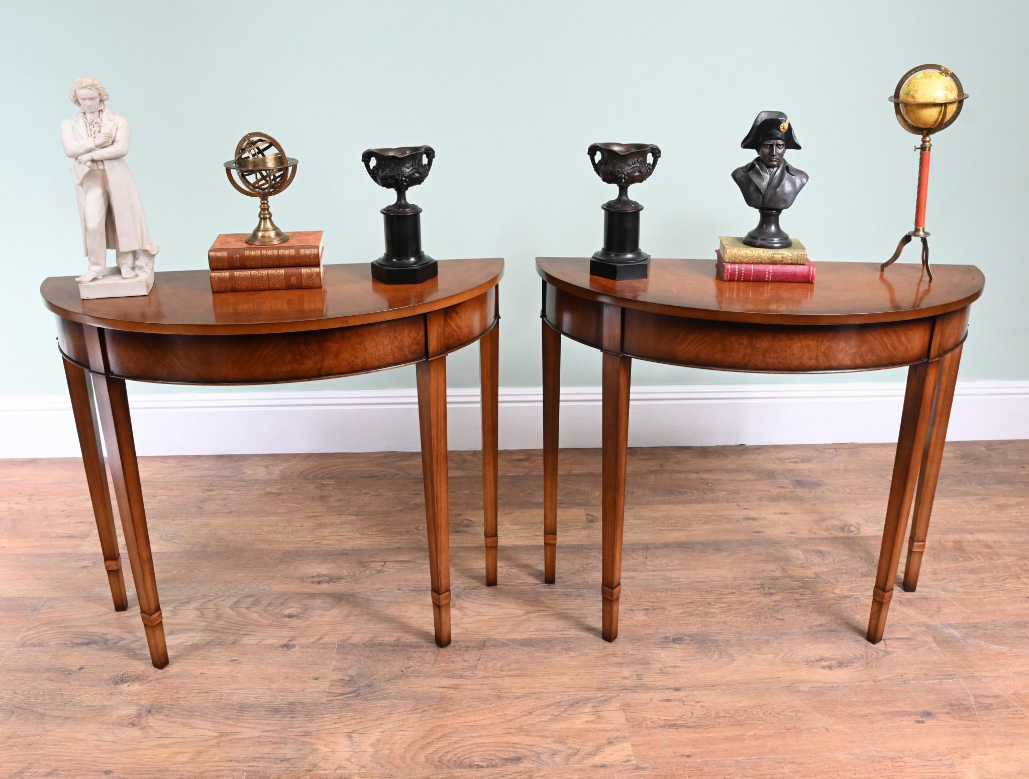 Pair Sheraton Console Tables Demi Lune Walnut Regency 3