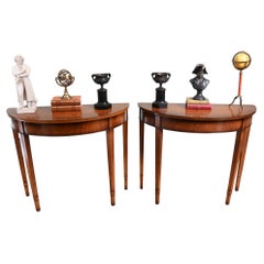 Pair Sheraton Console Tables Demi Lune Walnut Regency