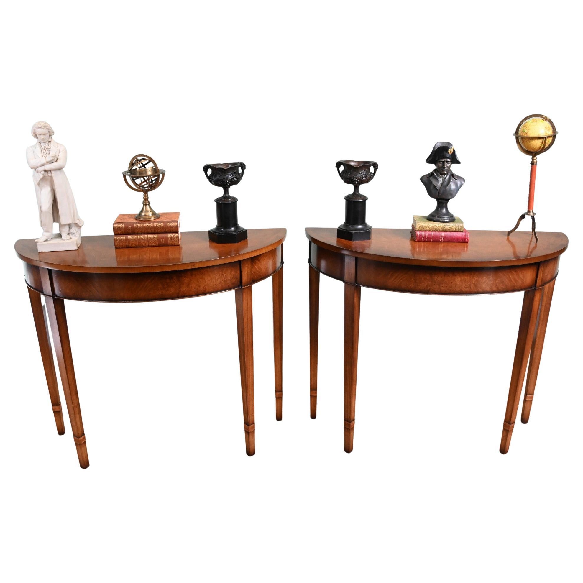 Pair Sheraton Console Tables Demi Lune Walnut Regency For Sale