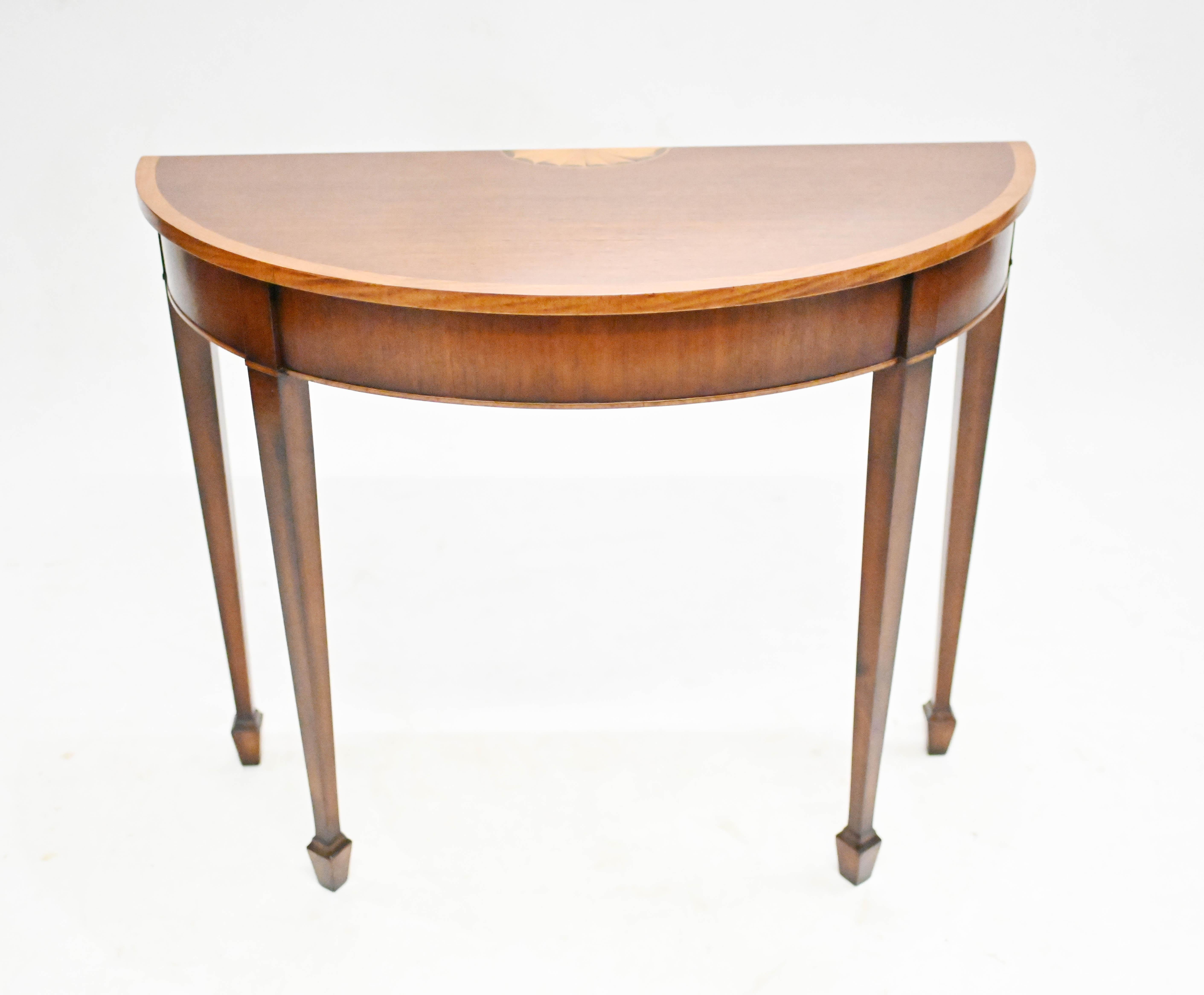 Late 20th Century Pair Sheraton Console Tables Mahogany Demi Lune For Sale